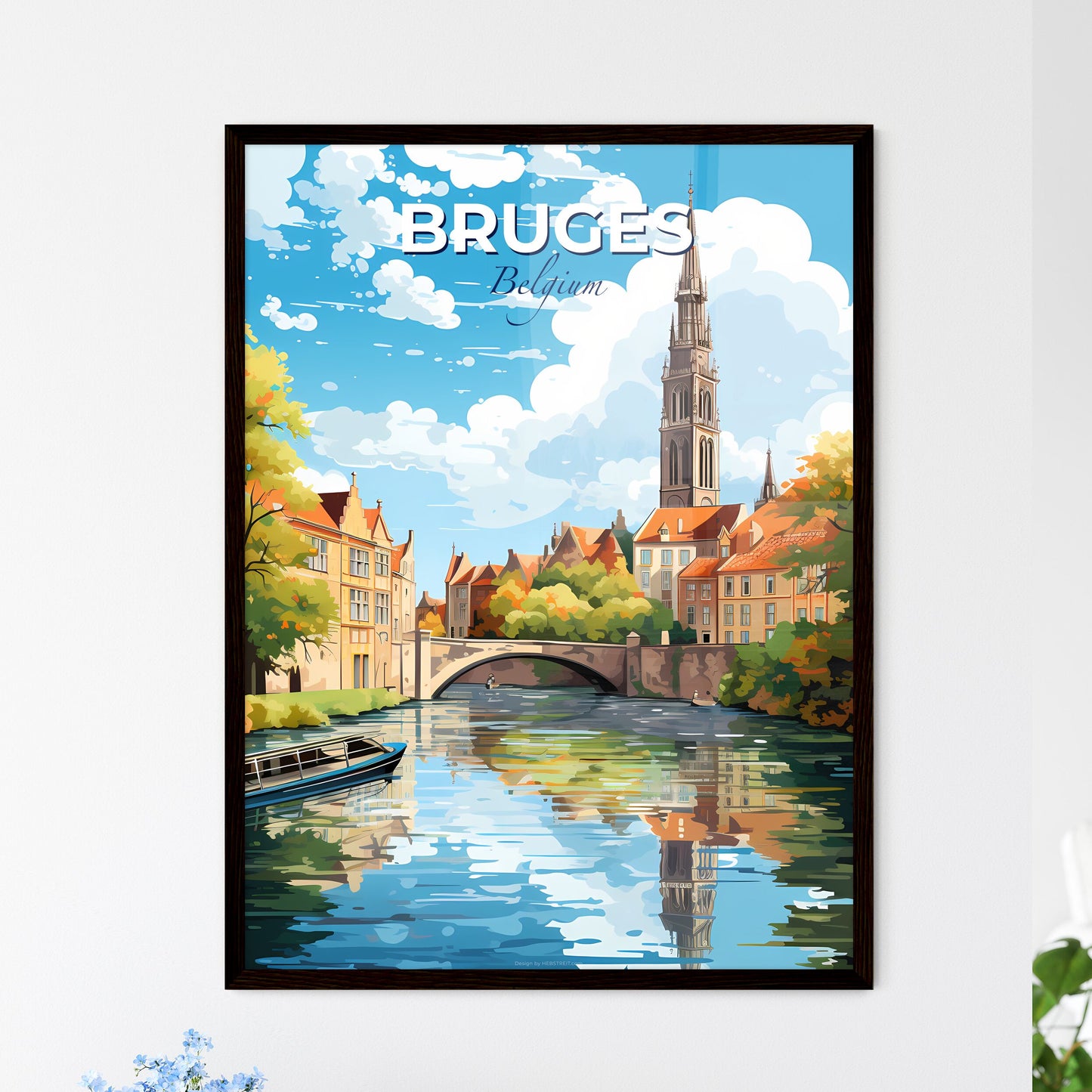 Bruges Belgium Skyline - A River With A Boat And A Tower In The Background - Customizable Travel Gift Default Title