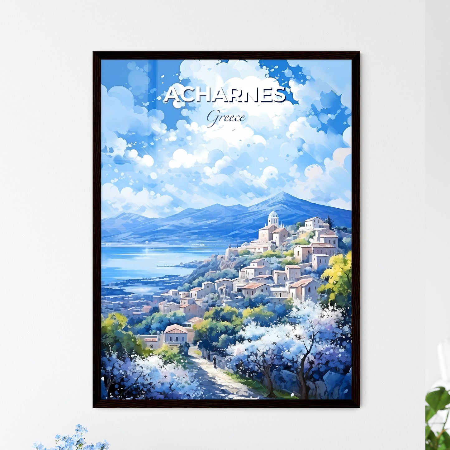 Acharnes Greece Skyline - A Painting Of A Town On A Hill With Trees And Mountains In The Background - Customizable Travel Gift Default Title