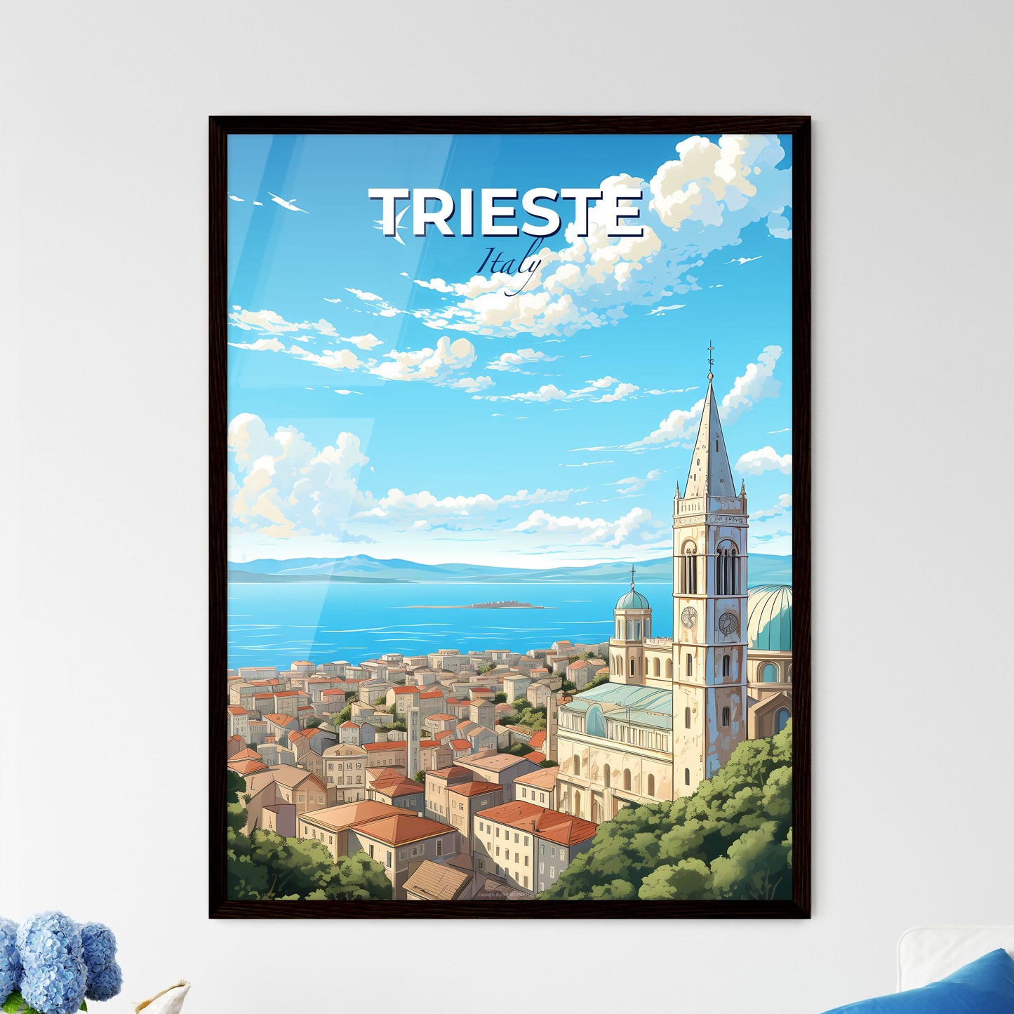 Trieste Italy Skyline - A Building With A Steeple And A Large Tower On A Hill Above A City - Customizable Travel Gift Default Title