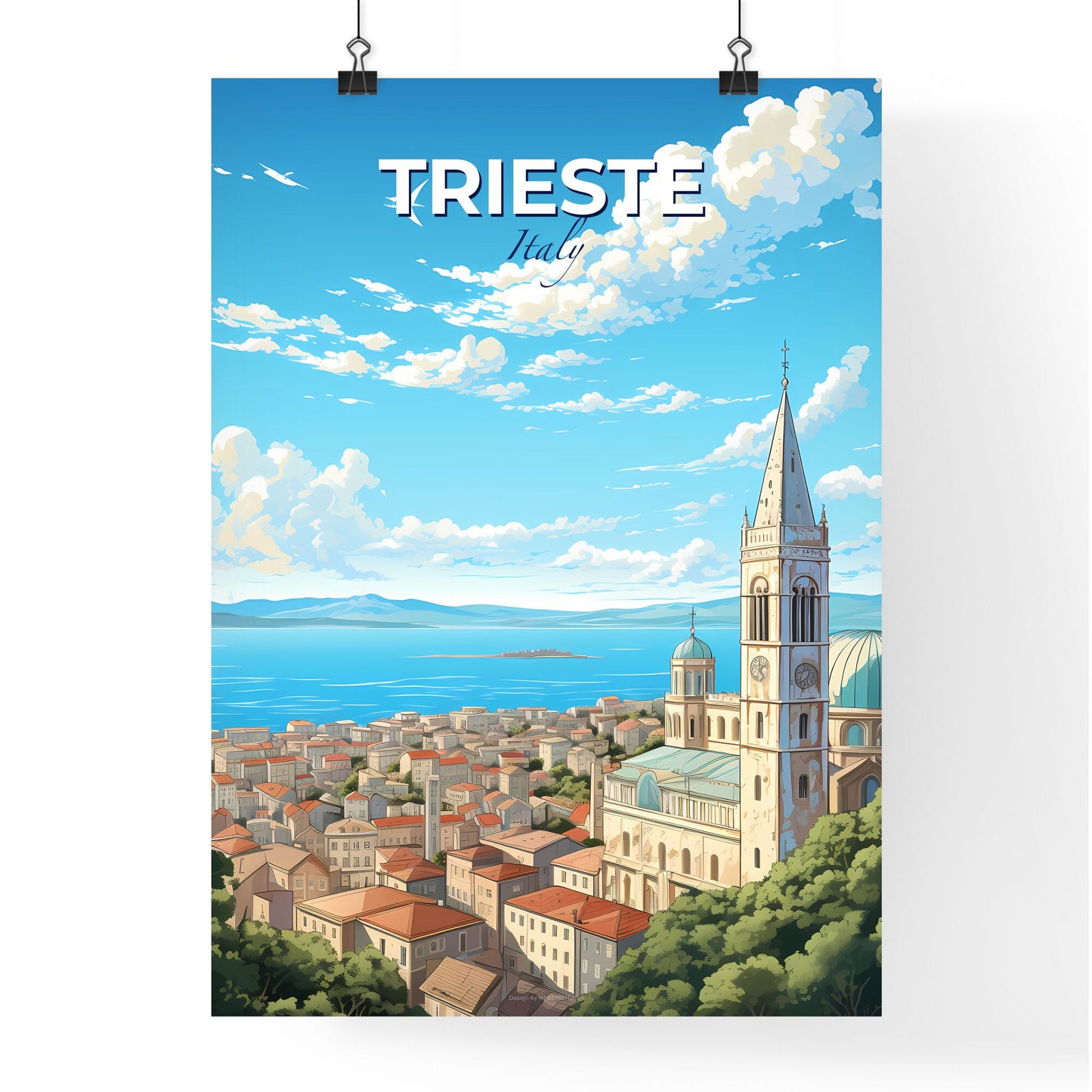 Trieste Italy Skyline - A Building With A Steeple And A Large Tower On A Hill Above A City - Customizable Travel Gift Default Title