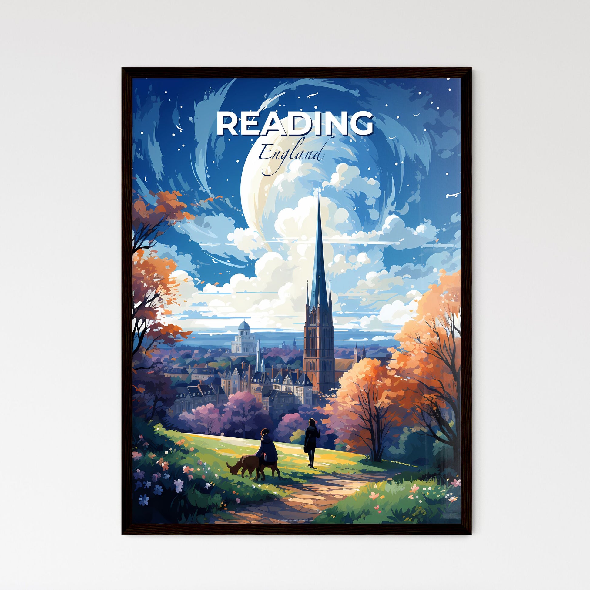 Reading England Skyline - A Painting Of A City With A Tall Spire And A Couple Of People Walking - Customizable Travel Gift Default Title