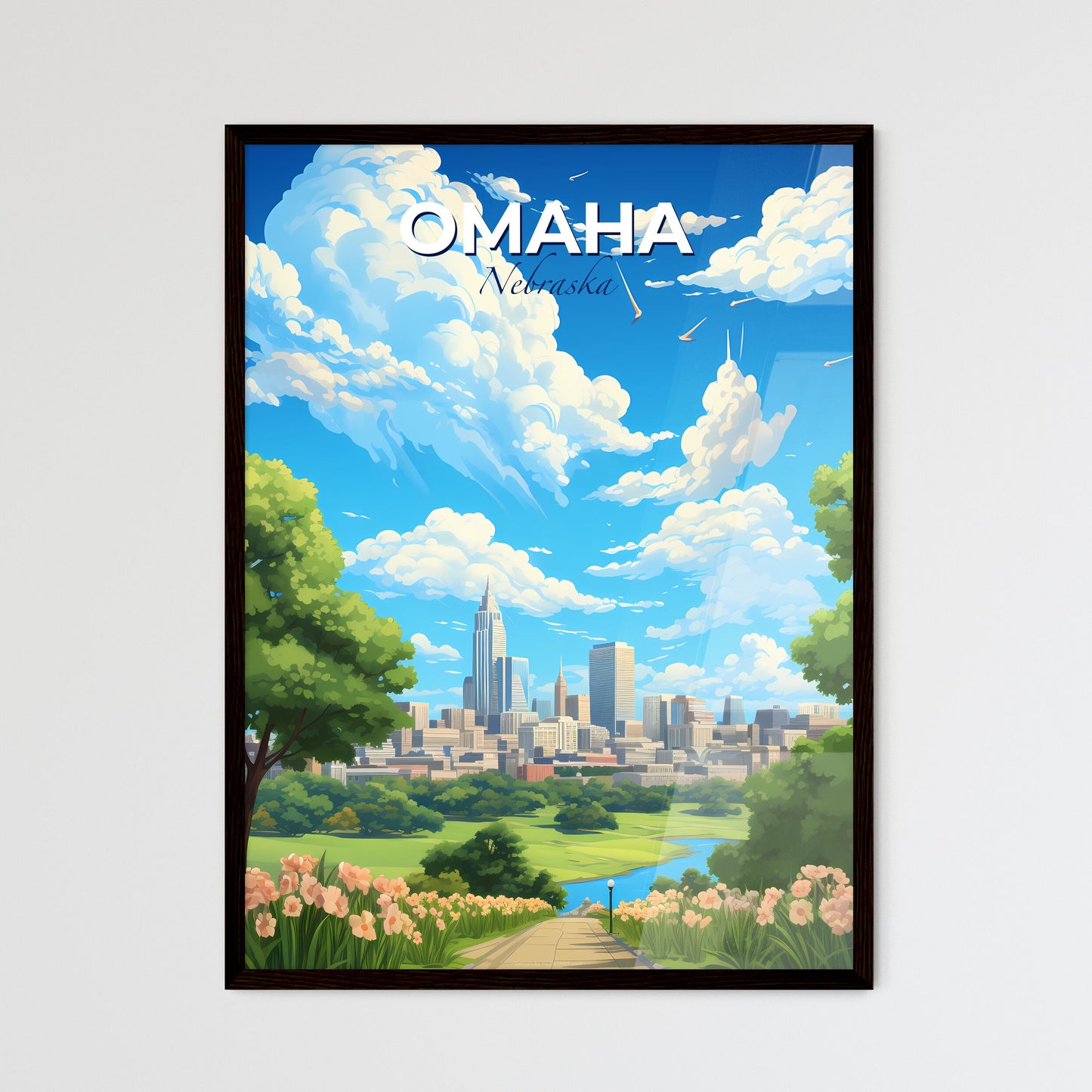 Omaha Nebraska Skyline - A Landscape Of A City With Trees And A River - Customizable Travel Gift Default Title