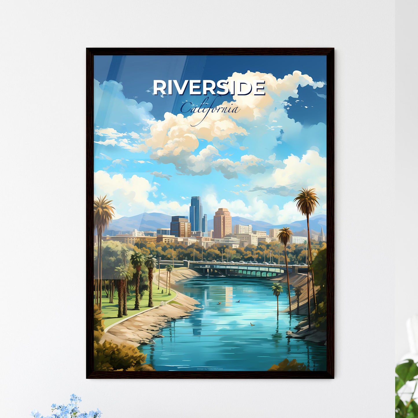 Riverside California Skyline - A River With Palm Trees And A Bridge In The Background - Customizable Travel Gift Default Title