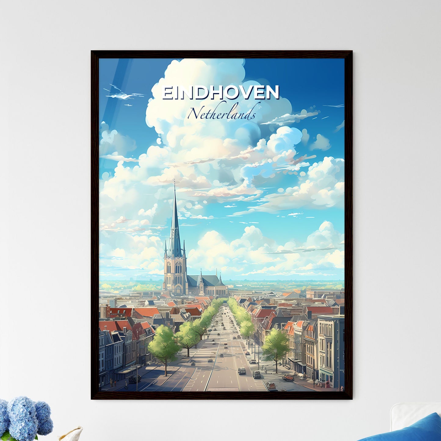Eindhoven Netherlands Skyline - A City With A Tall Tower And A Road With Trees - Customizable Travel Gift Default Title