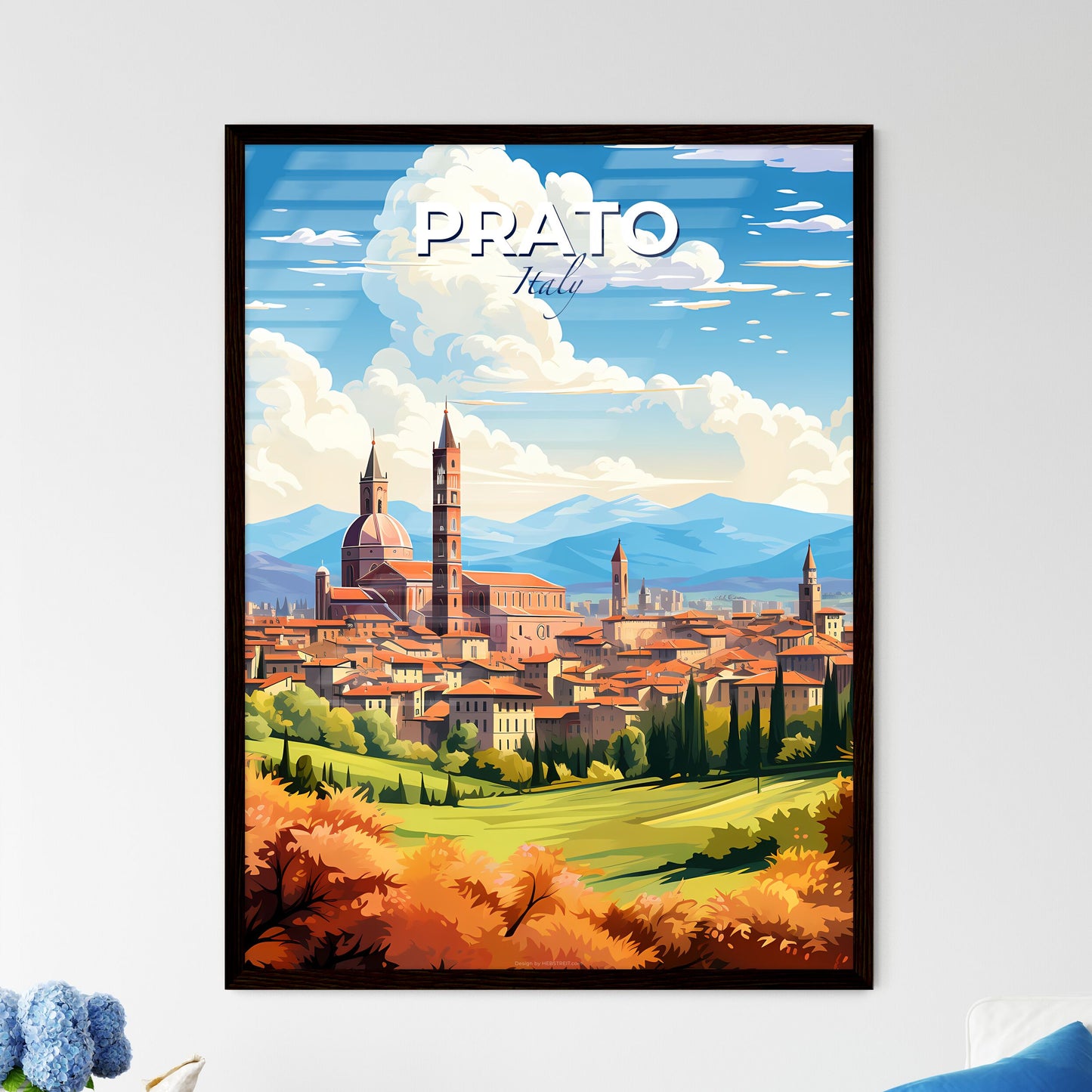 Prato Italy Skyline - A Landscape Of A Town With Trees And Mountains - Customizable Travel Gift Default Title