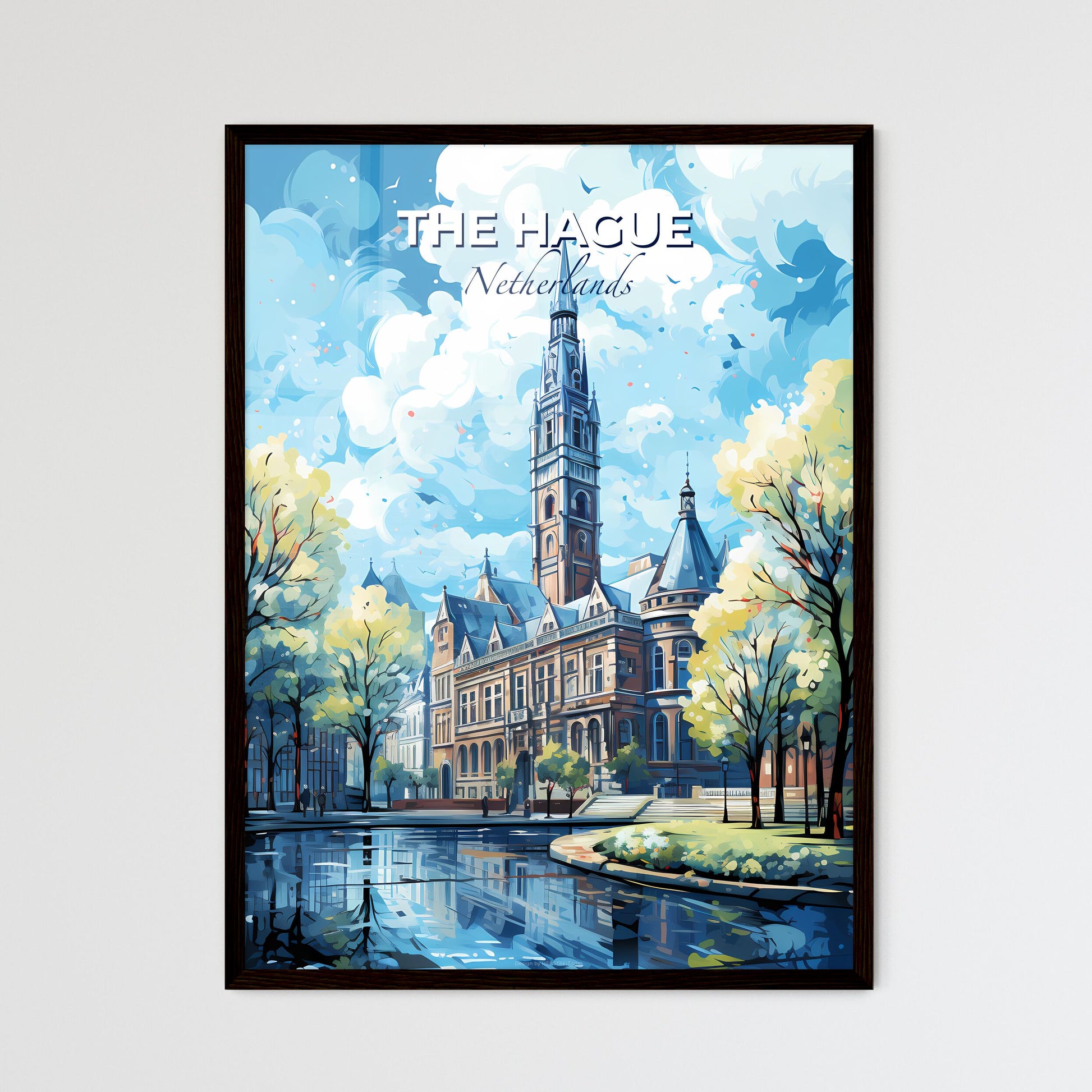 The Hague Netherlands Skyline - A Painting Of A Building With Trees And A Pond - Customizable Travel Gift Default Title