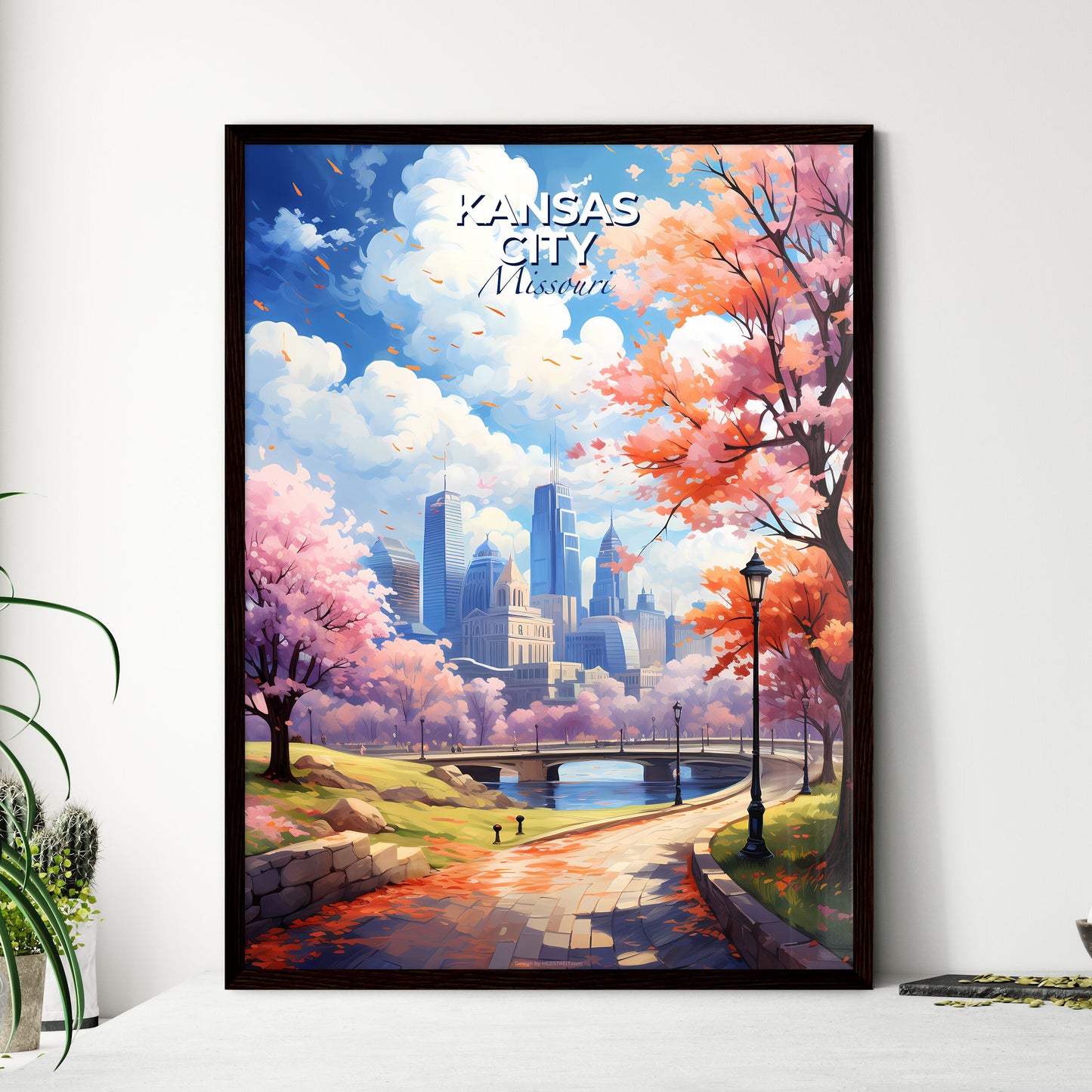 Kansas City Missouri Skyline - A Park With Pink Trees And A Bridge - Customizable Travel Gift Default Title