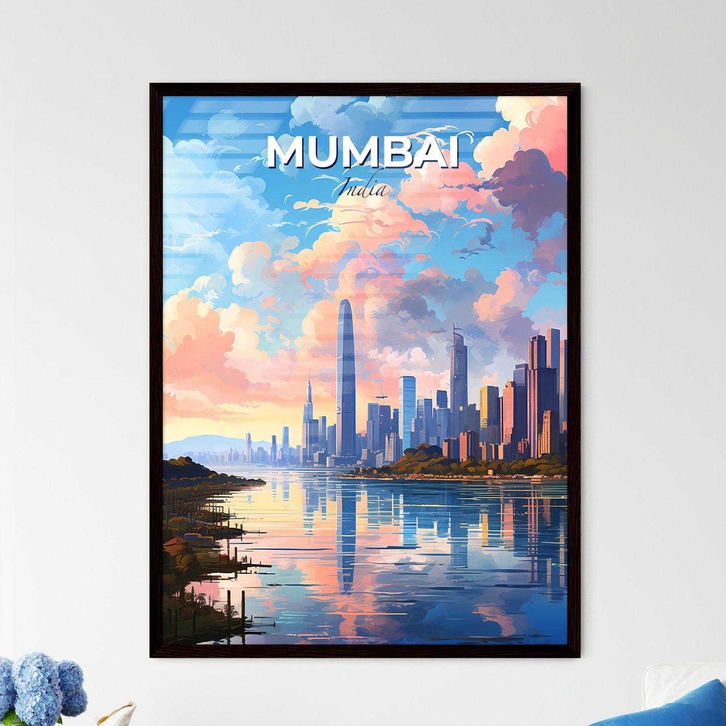 Mumbai India Skyline - A City Skyline With A Body Of Water And Pink Clouds - Customizable Travel Gift Default Title