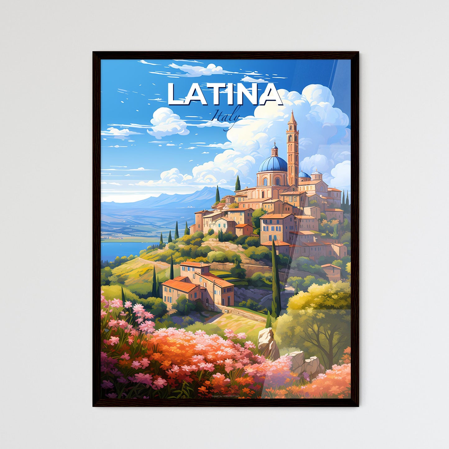 Latina Italy Skyline - A Painting Of A Town On A Hill With Trees And Flowers - Customizable Travel Gift Default Title