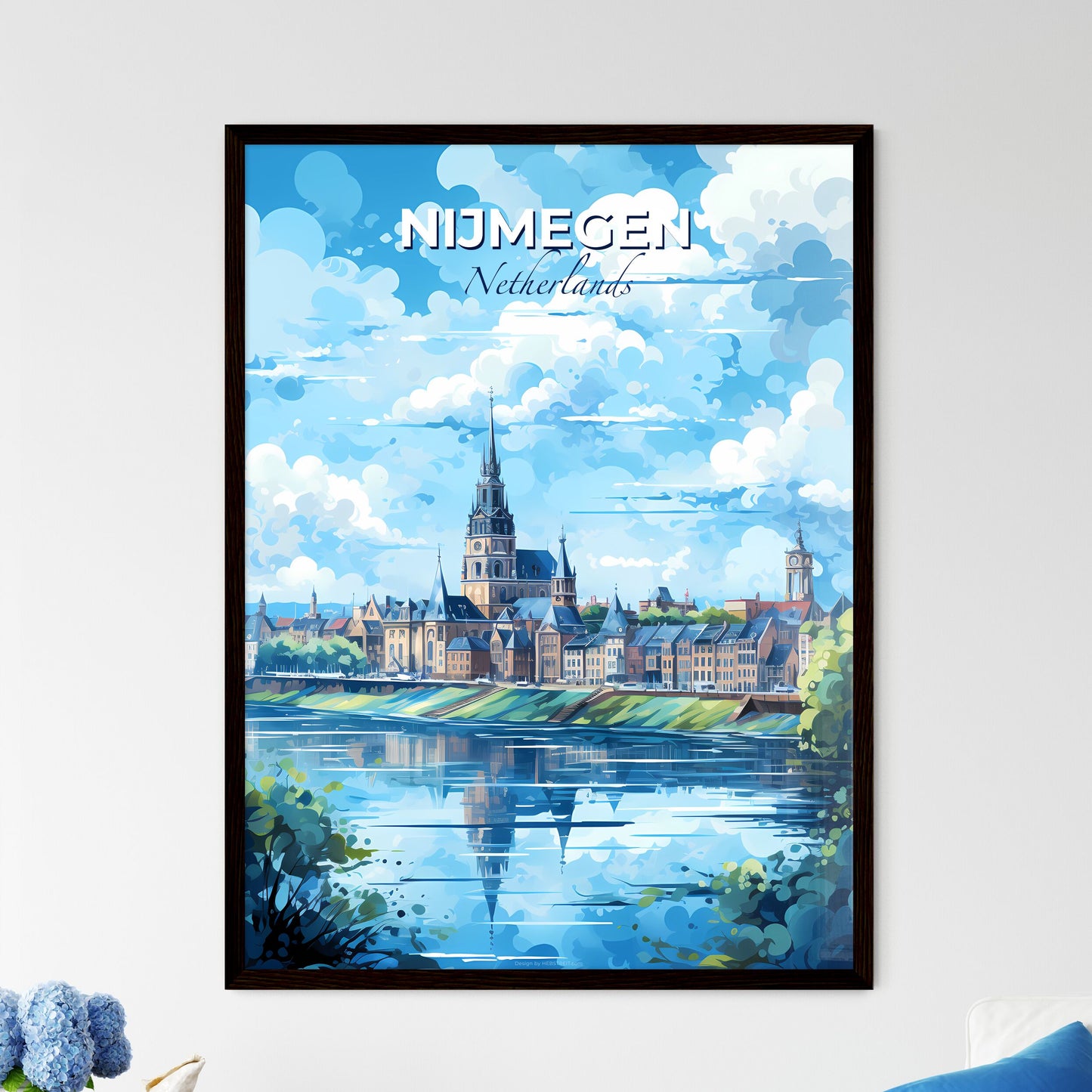 Nijmegen Netherlands Skyline - A Water Body With Buildings And Trees - Customizable Travel Gift Default Title