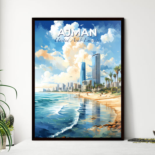 Ajman United Arab Emirates Skyline - A Beach With Tall Buildings And Palm Trees - Customizable Travel Gift Default Title