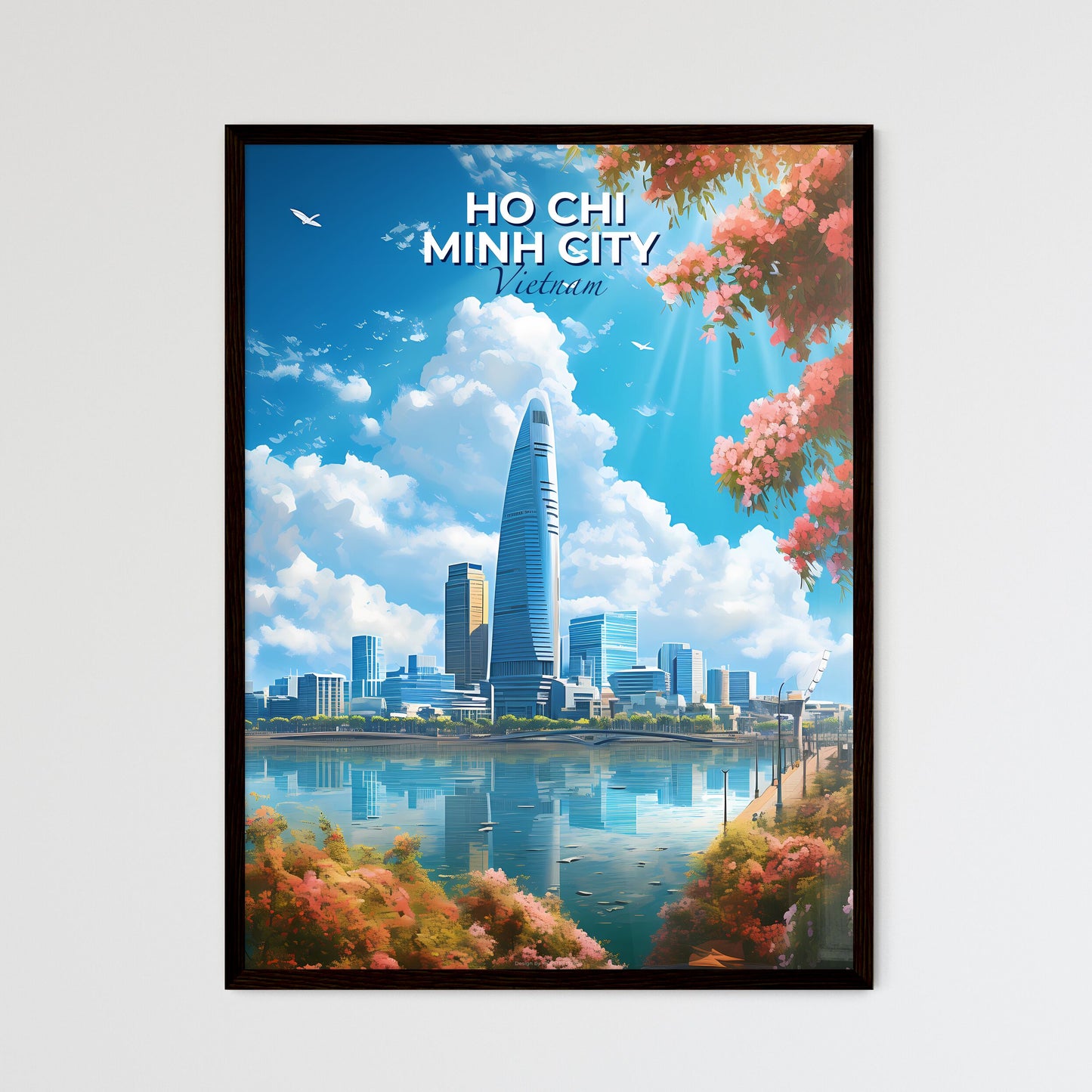 Ho Chi Minh City Vietnam Skyline - A City Skyline With A Body Of Water And Pink Flowers - Customizable Travel Gift Default Title