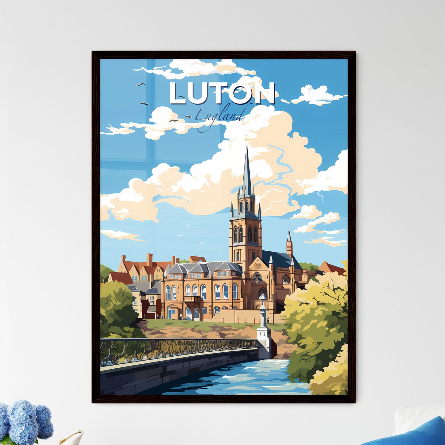 Luton England Skyline - A Church With A Bridge And Trees - Customizable Travel Gift Default Title