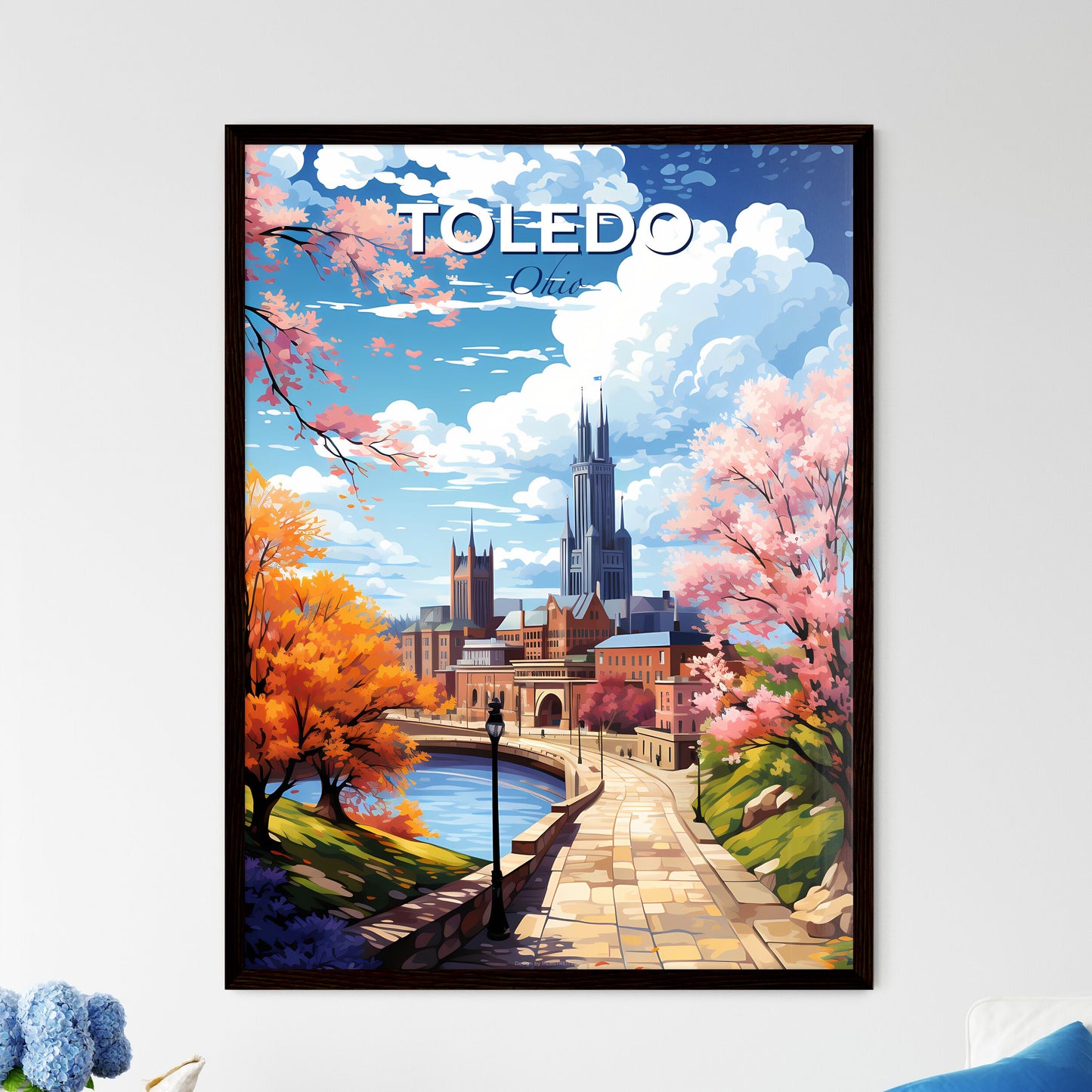 Toledo Ohio Skyline - A River With Trees And A Bridge In The Background - Customizable Travel Gift Default Title