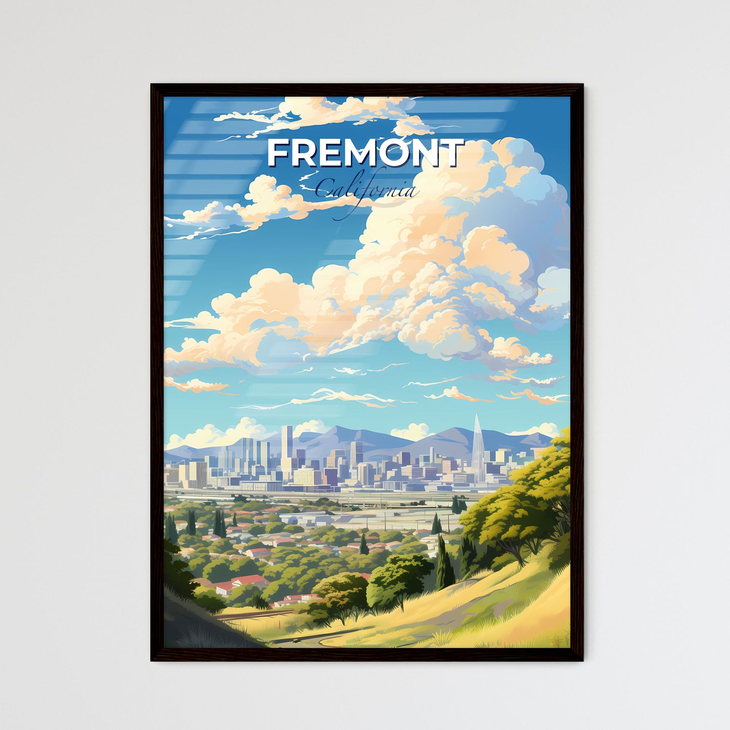 Fremont California Skyline - A Landscape Of A City With Trees And Mountains - Customizable Travel Gift Default Title