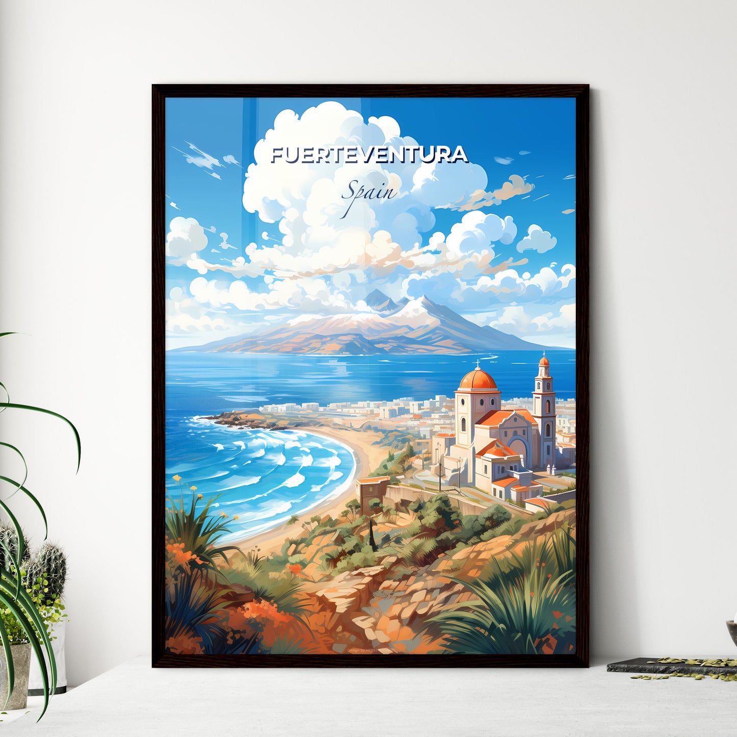 Fuerteventura Spain Skyline - A Beach With A Building And A Mountain In The Background - Customizable Travel Gift Default Title