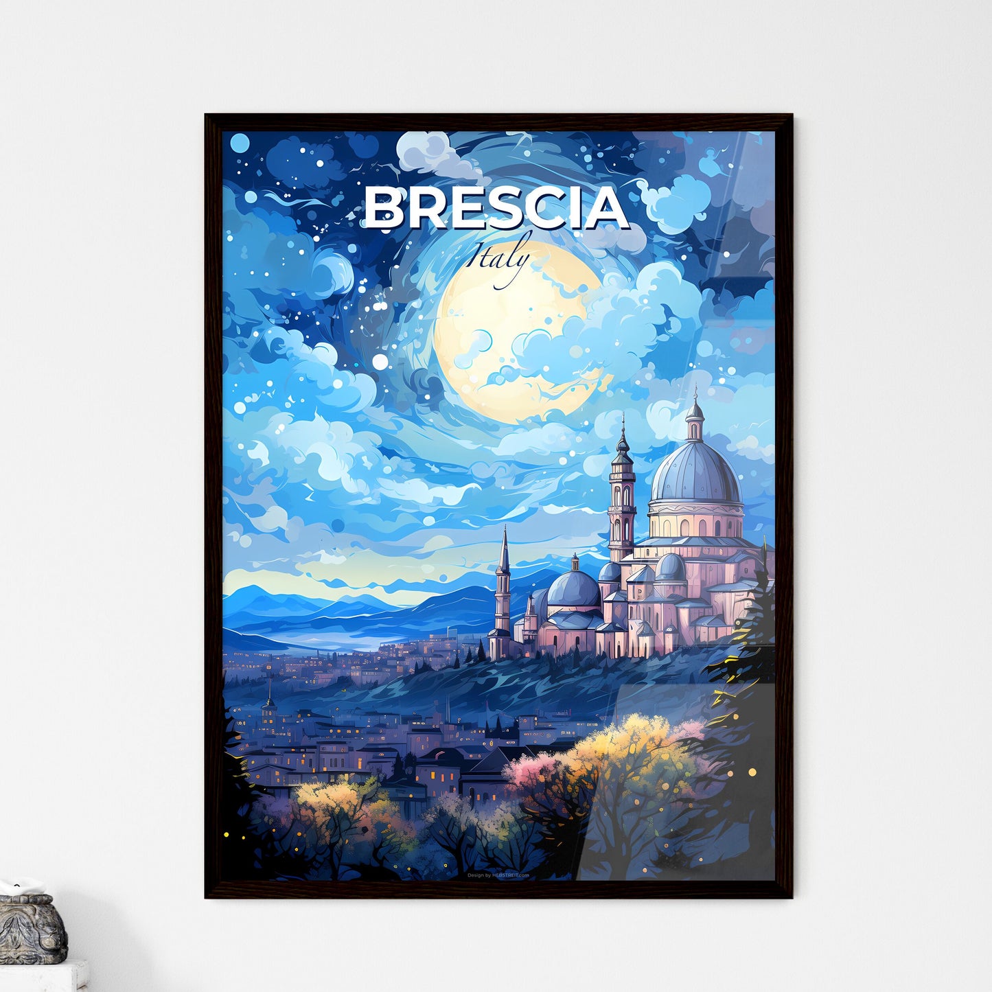 Brescia Italy Skyline - A Large Building With Towers And Domes On A Hill With A Full Moon In The Sky - Customizable Travel Gift Default Title
