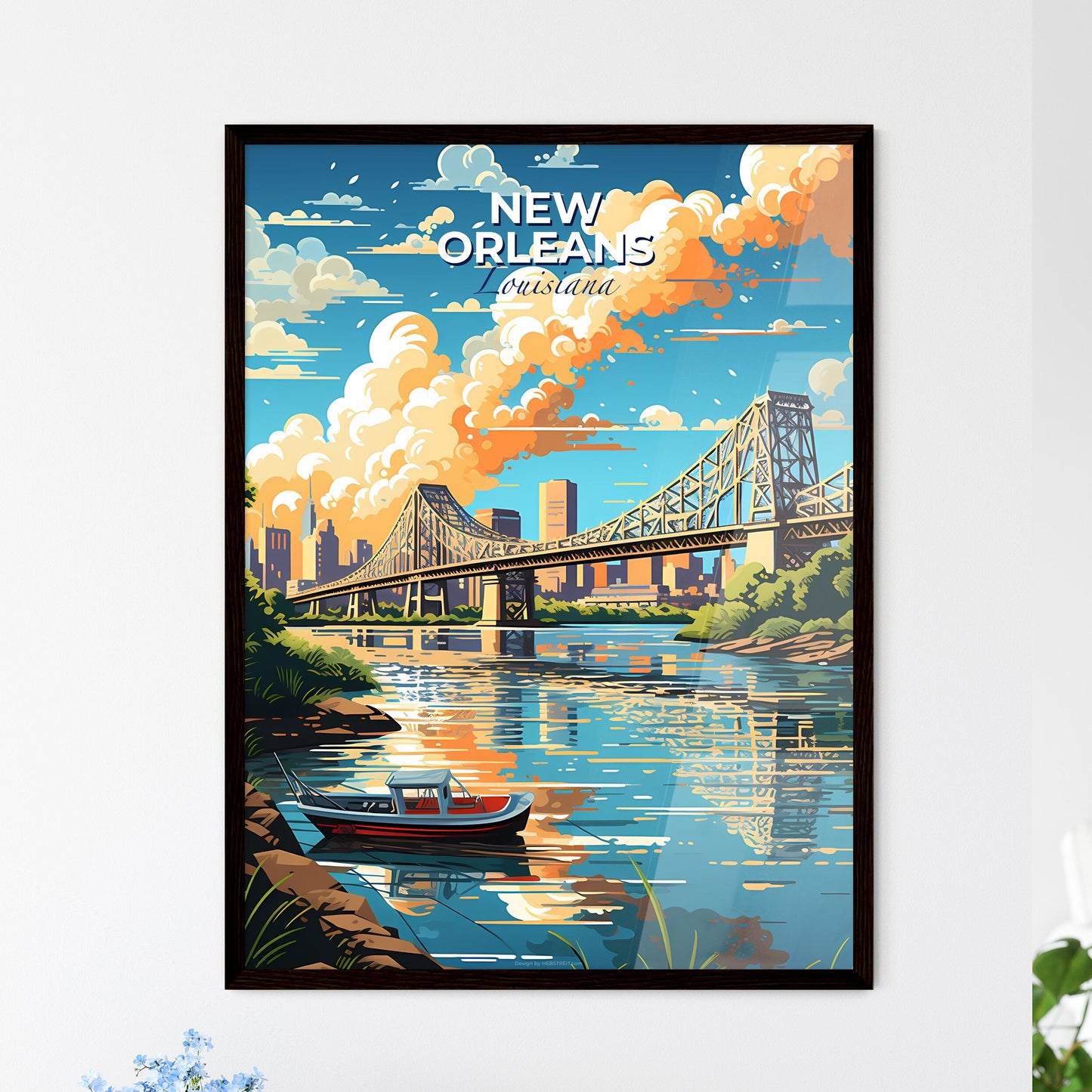 New Orleans Louisiana Skyline - A Bridge Over A River With A Boat In The Foreground - Customizable Travel Gift Default Title