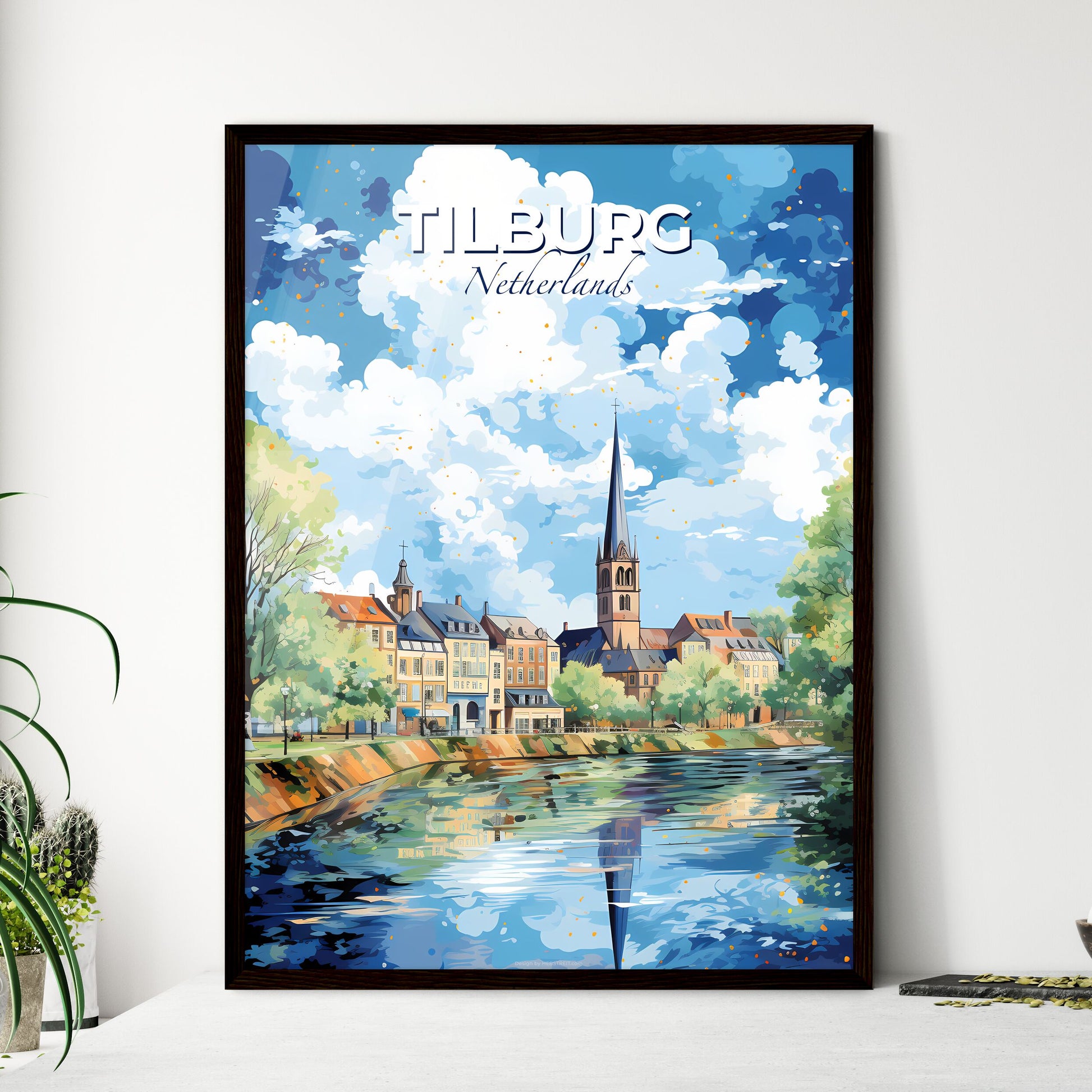 Tilburg Netherlands Skyline - A Water Body With Buildings And Trees - Customizable Travel Gift Default Title