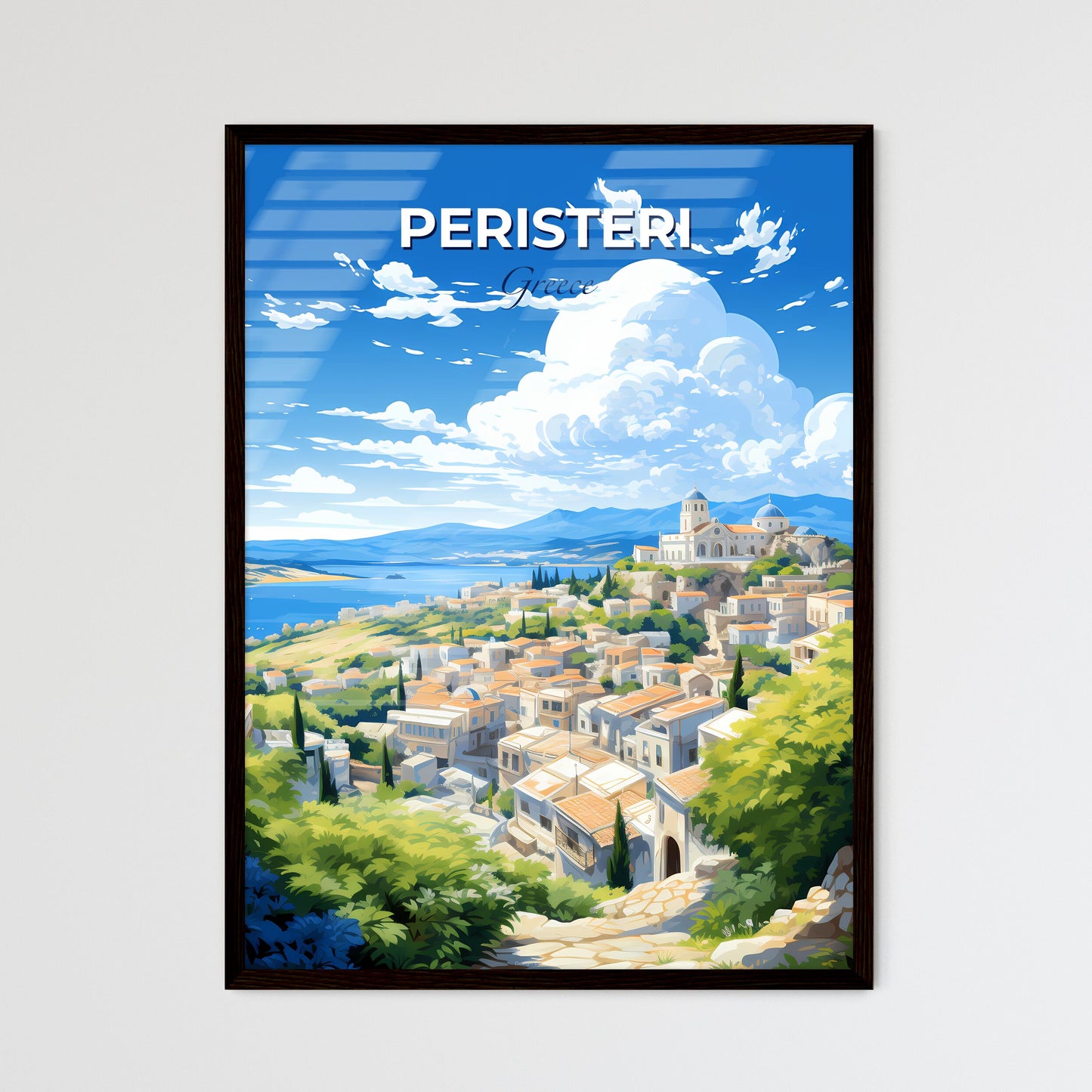 Peristeri Greece Skyline - A Landscape Of A Town With A Body Of Water And Mountains - Customizable Travel Gift Default Title