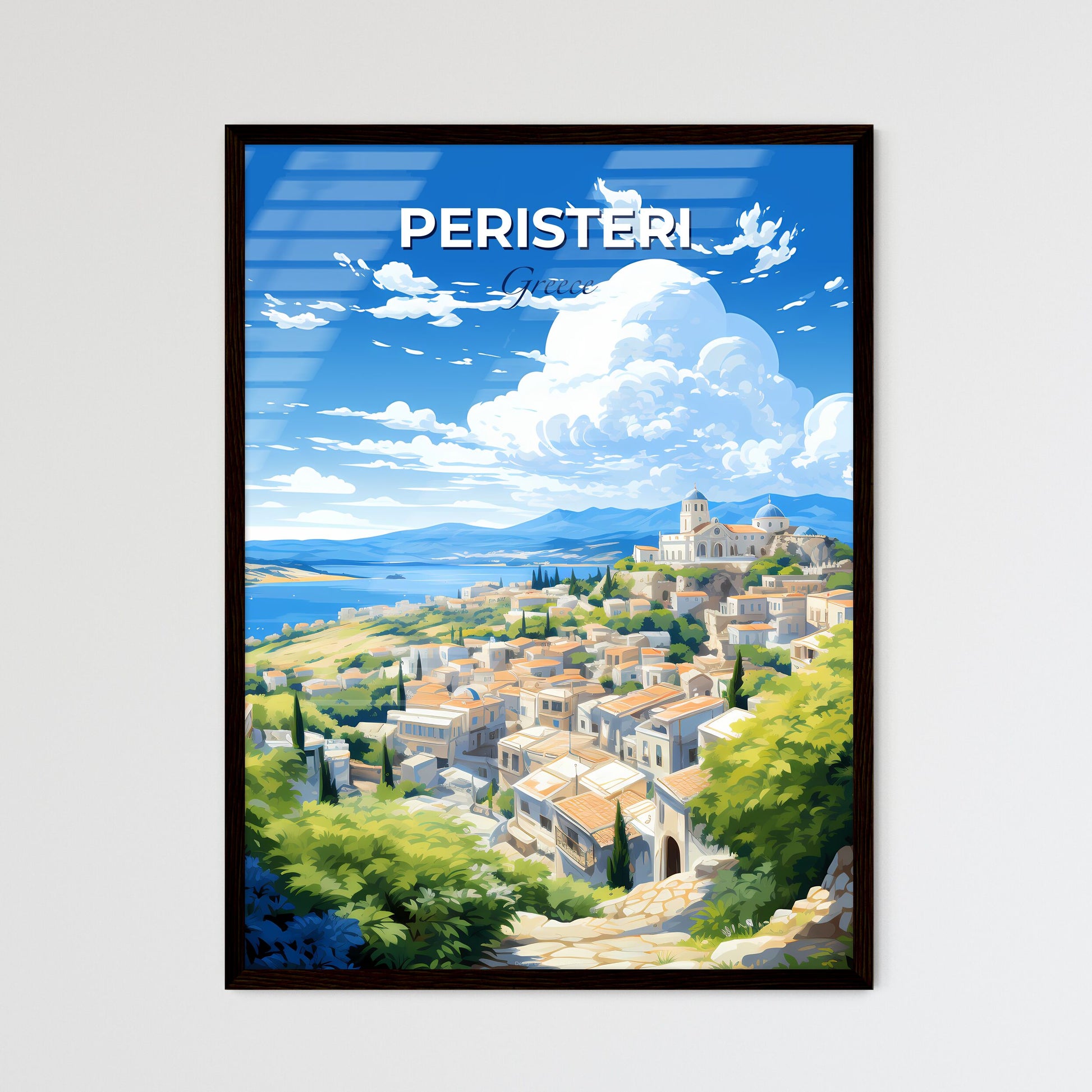 Peristeri Greece Skyline - A Landscape Of A Town With A Body Of Water And Mountains - Customizable Travel Gift Default Title