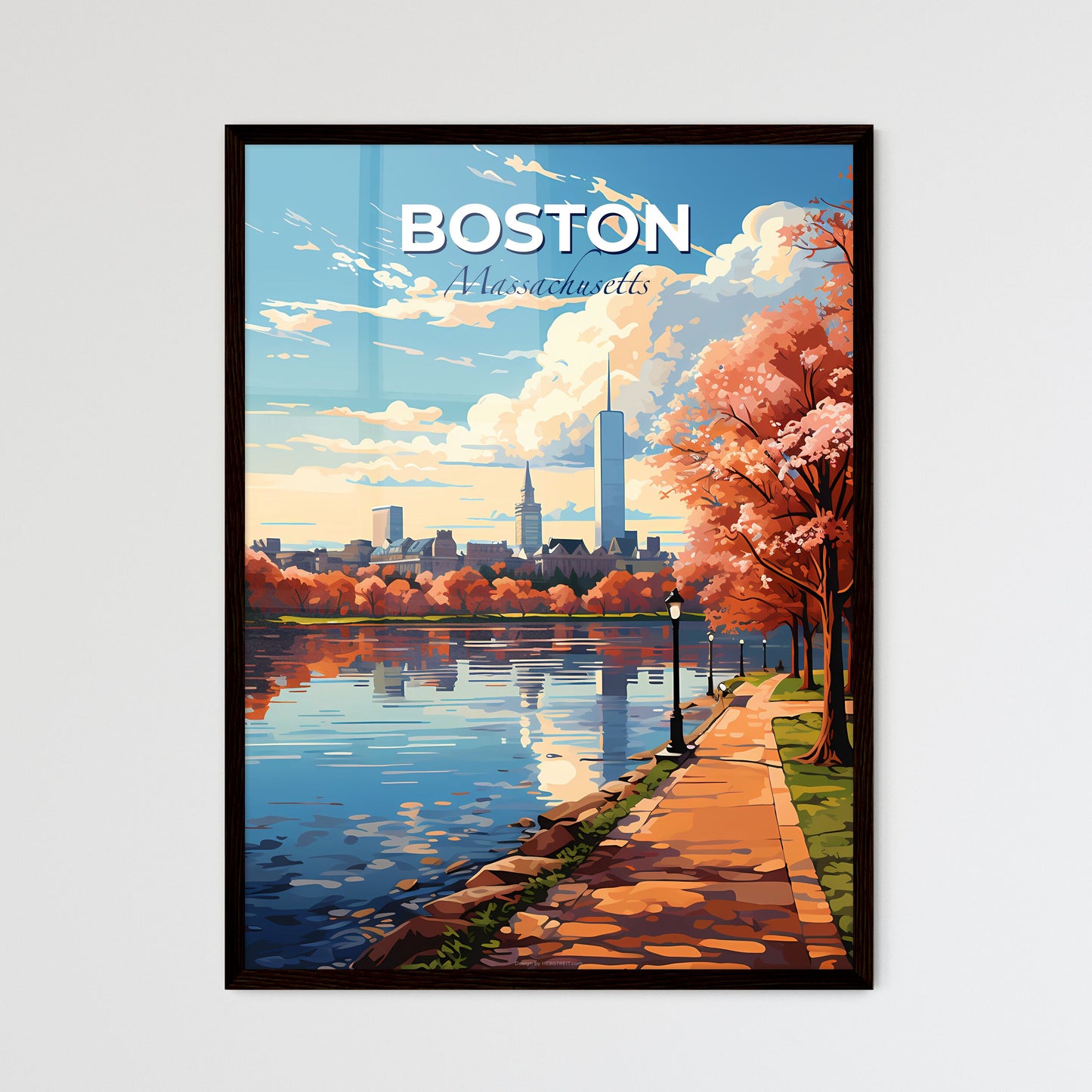 Boston Massachusetts Skyline - A Path With Trees Next To A Body Of Water - Customizable Travel Gift Default Title