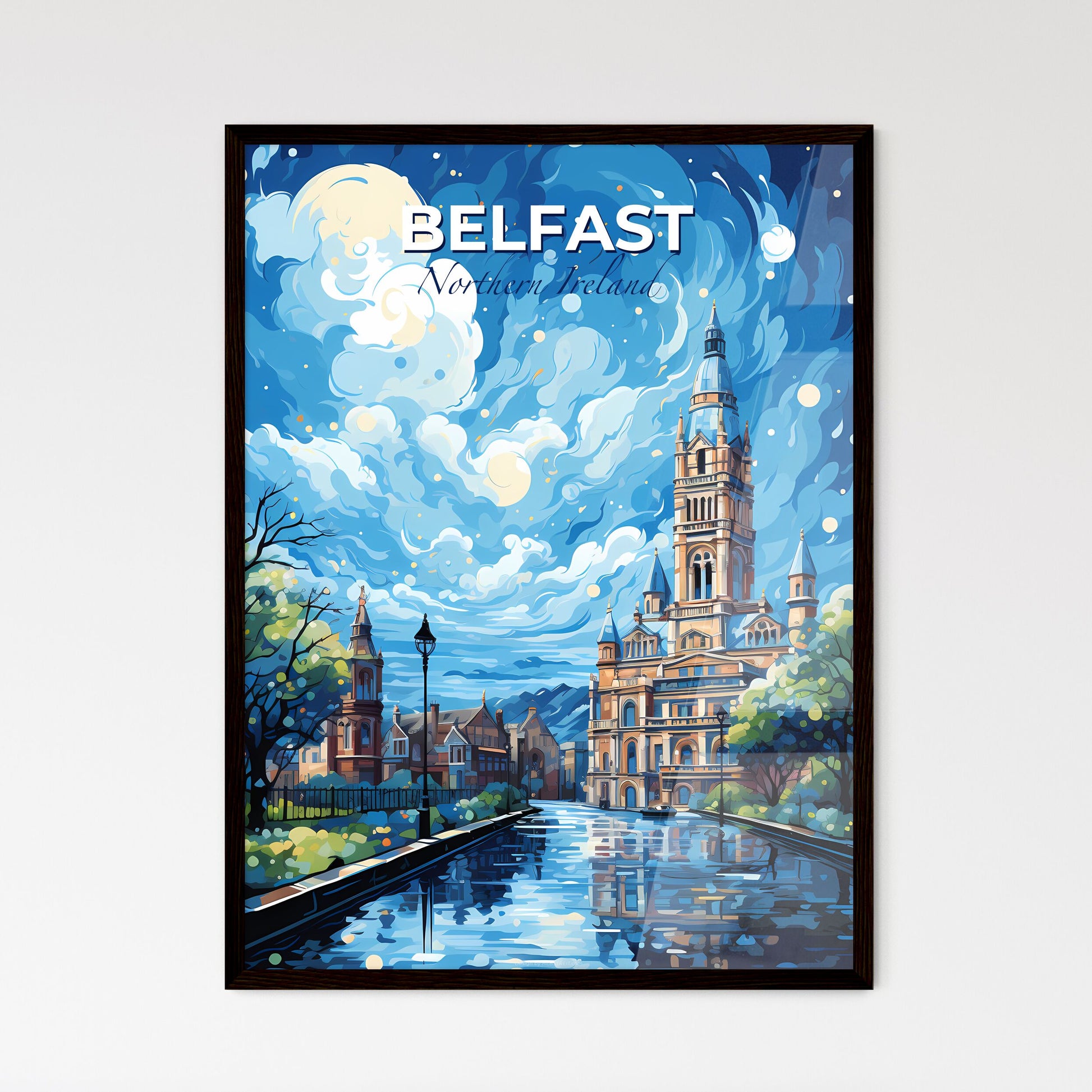 Belfast Nordirland Skyline - A Painting Of A Castle With A River And Trees - Customizable Travel Gift Default Title