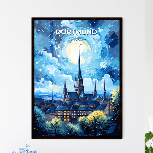 Dortmund Germany Skyline - A Building With A Spire And A Moon In The Sky - Customizable Travel Gift Default Title