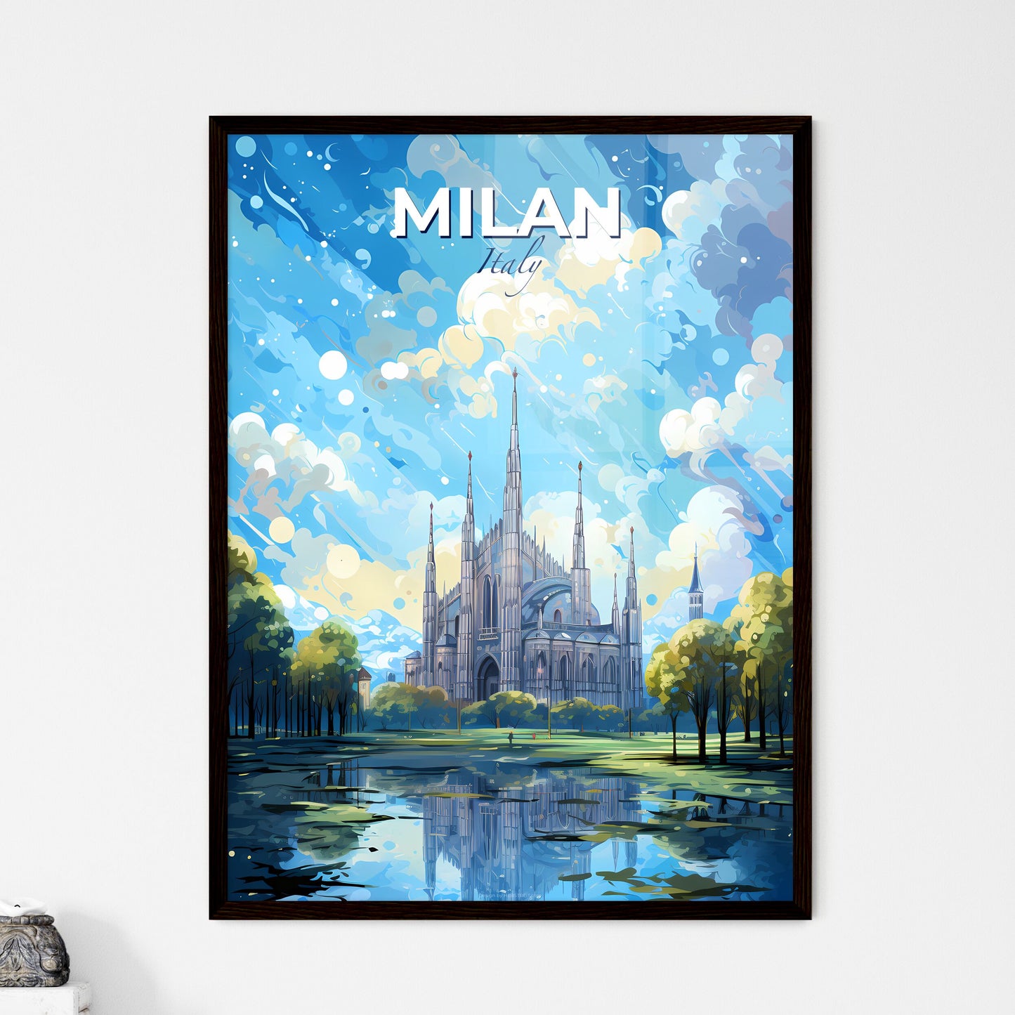 Milan Italy Skyline - A Painting Of A Castle With Trees And A Pond - Customizable Travel Gift Default Title