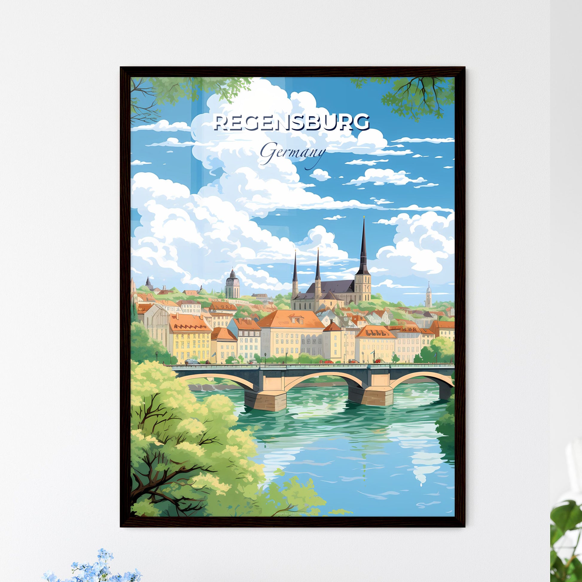 Regensburg Bavaria Germany Skyline - A Bridge Over A River With Buildings And Trees - Customizable Travel Gift Default Title
