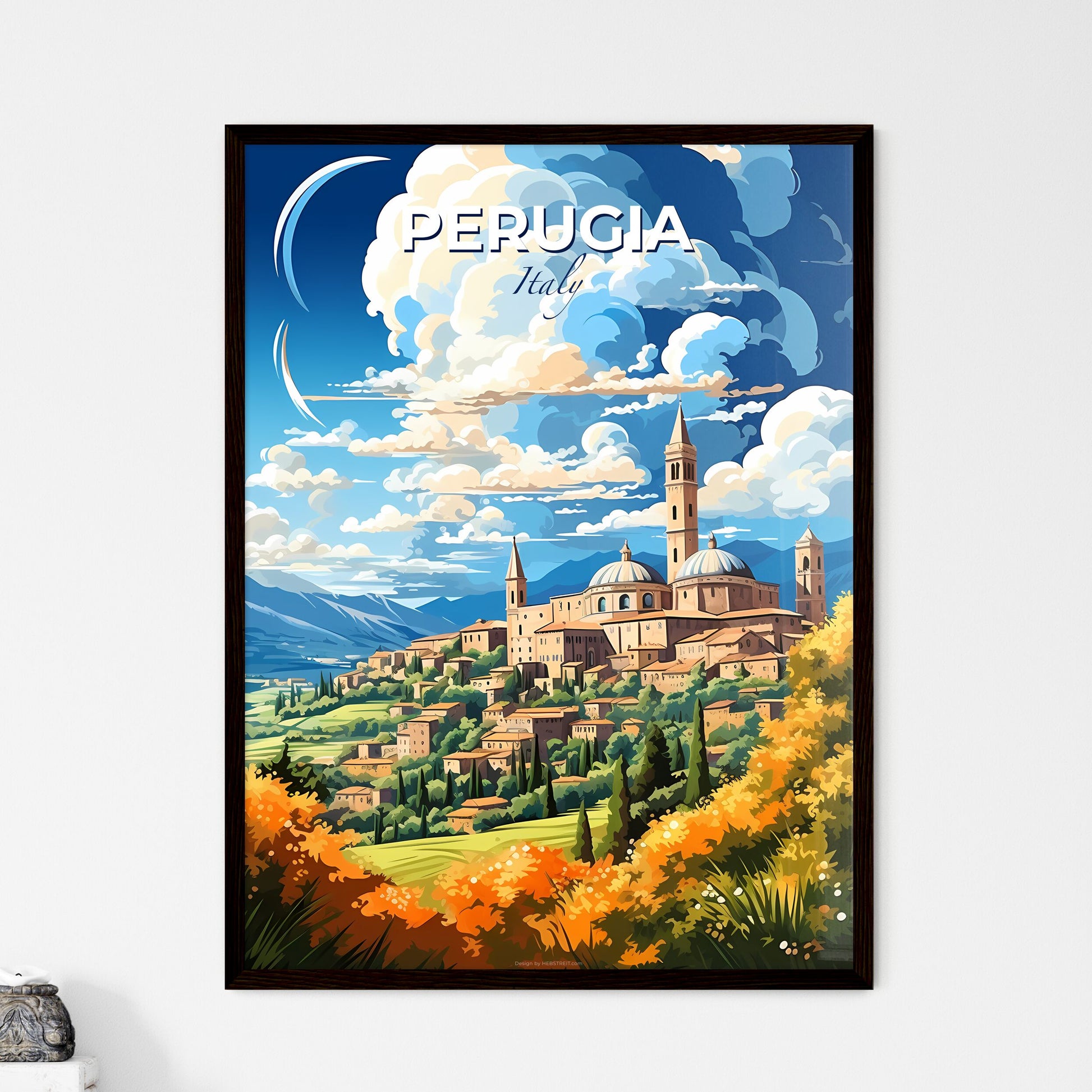 Perugia Italy Skyline - A Painting Of A Town With A Tower And Trees - Customizable Travel Gift Default Title