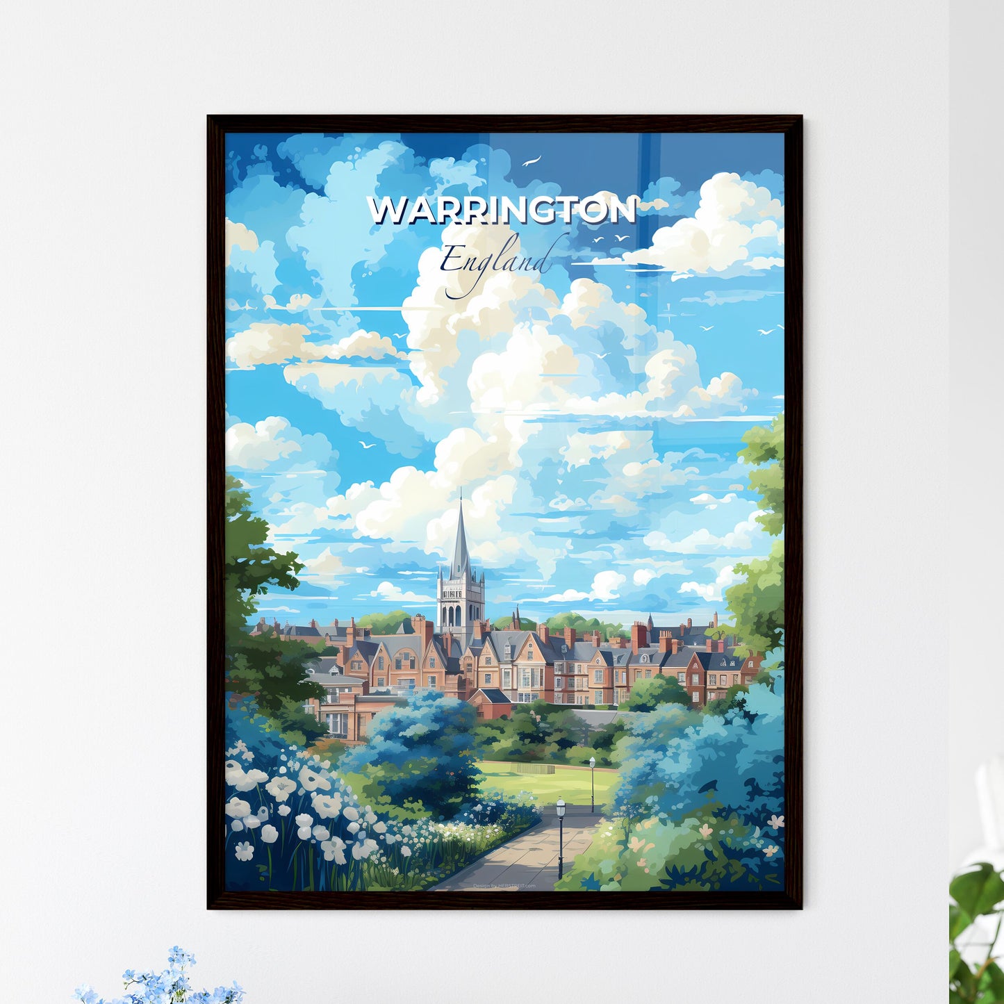 Warrington England Skyline - A Landscape Of A Town With Trees And A Church - Customizable Travel Gift Default Title