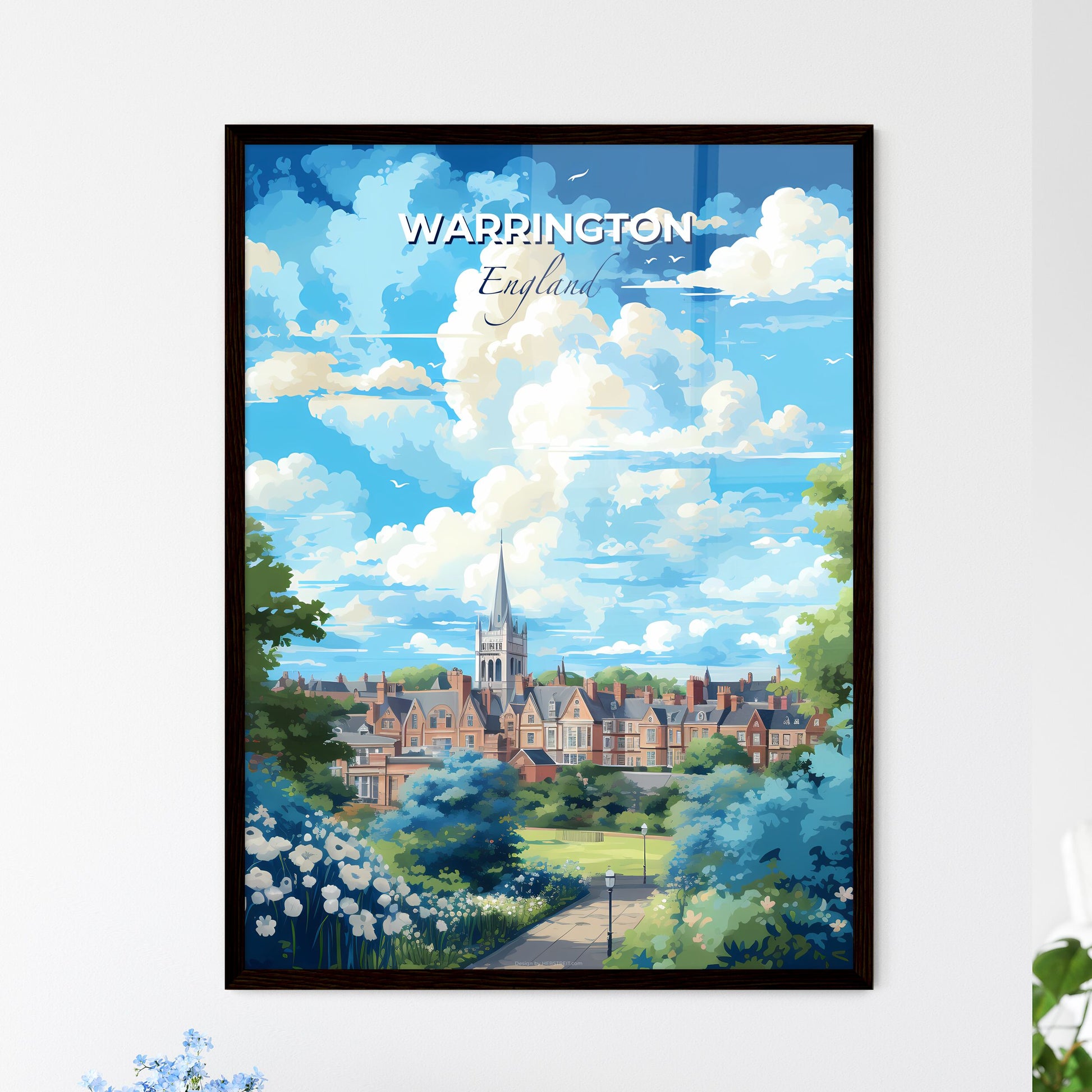 Warrington England Skyline - A Landscape Of A Town With Trees And A Church - Customizable Travel Gift Default Title