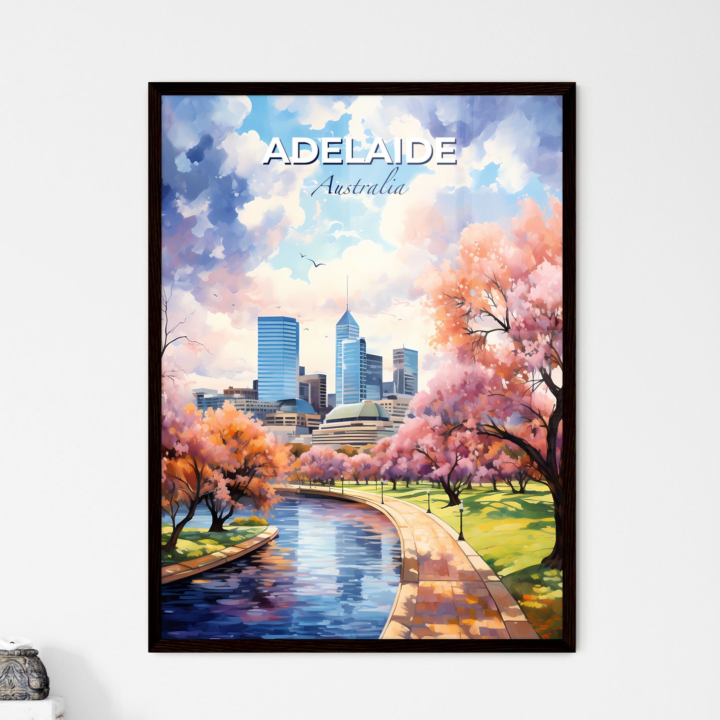 Adelaide Australia Skyline - A Water Way With Pink Trees And Buildings In The Background - Customizable Travel Gift Default Title