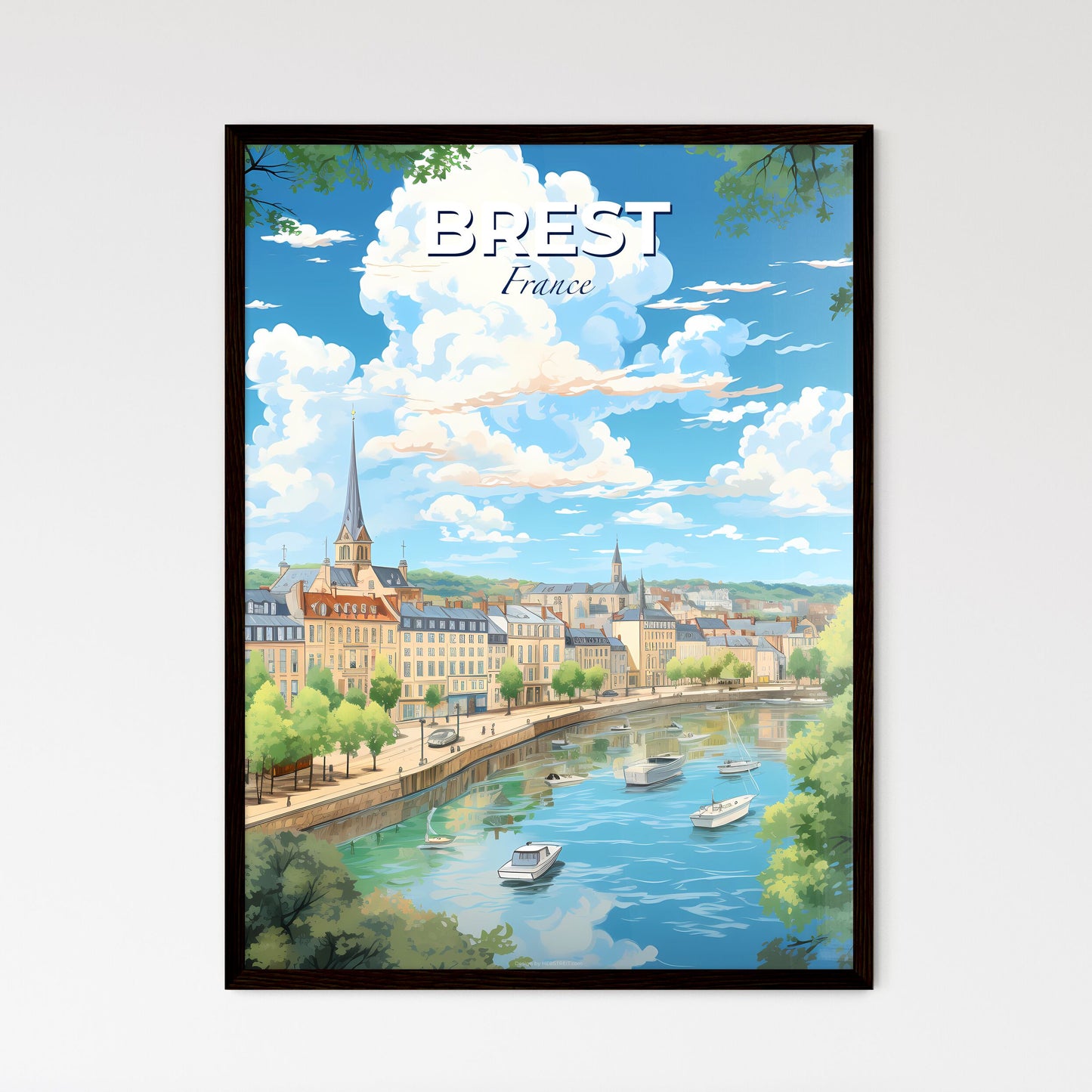 Brest France Skyline - A River With Boats On It And Buildings And Trees - Customizable Travel Gift Default Title