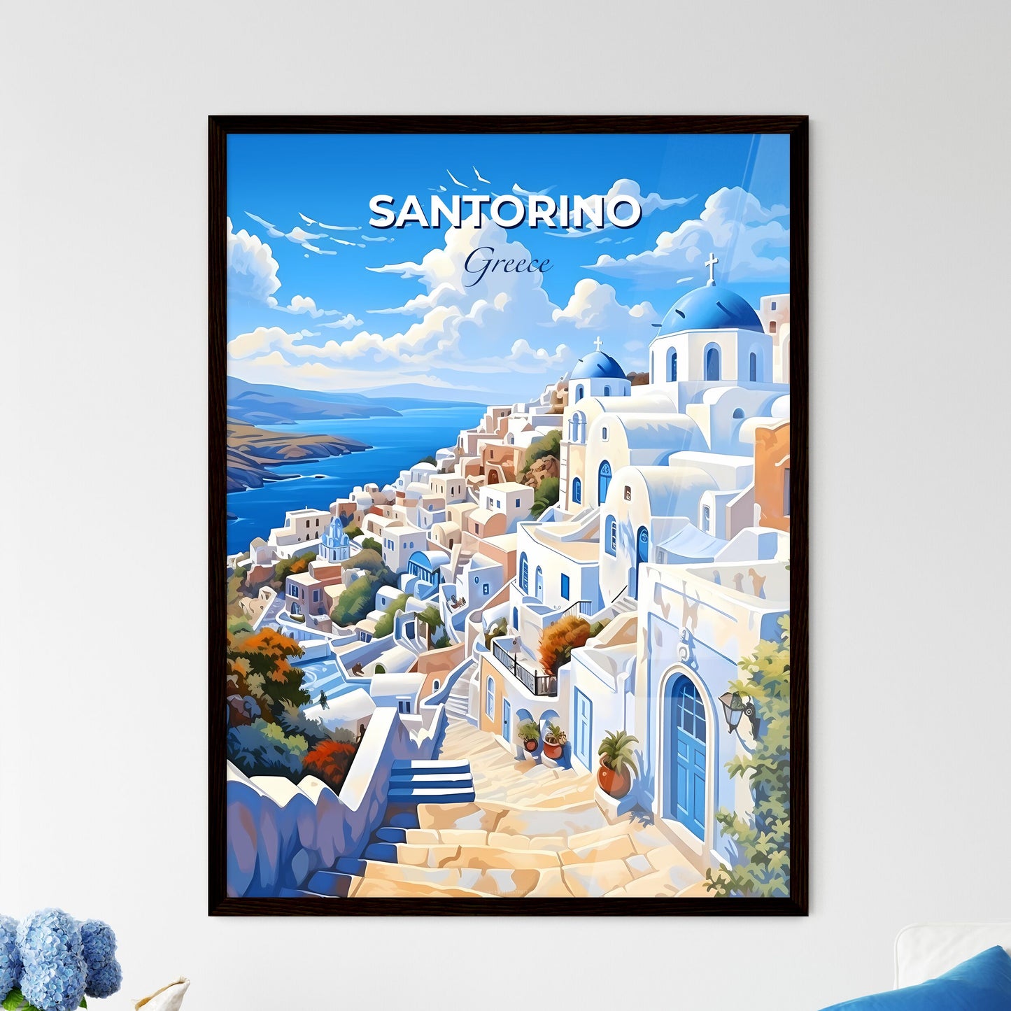 Santorino Greece Skyline - A Painting Of A Town By The Water - Customizable Travel Gift Default Title