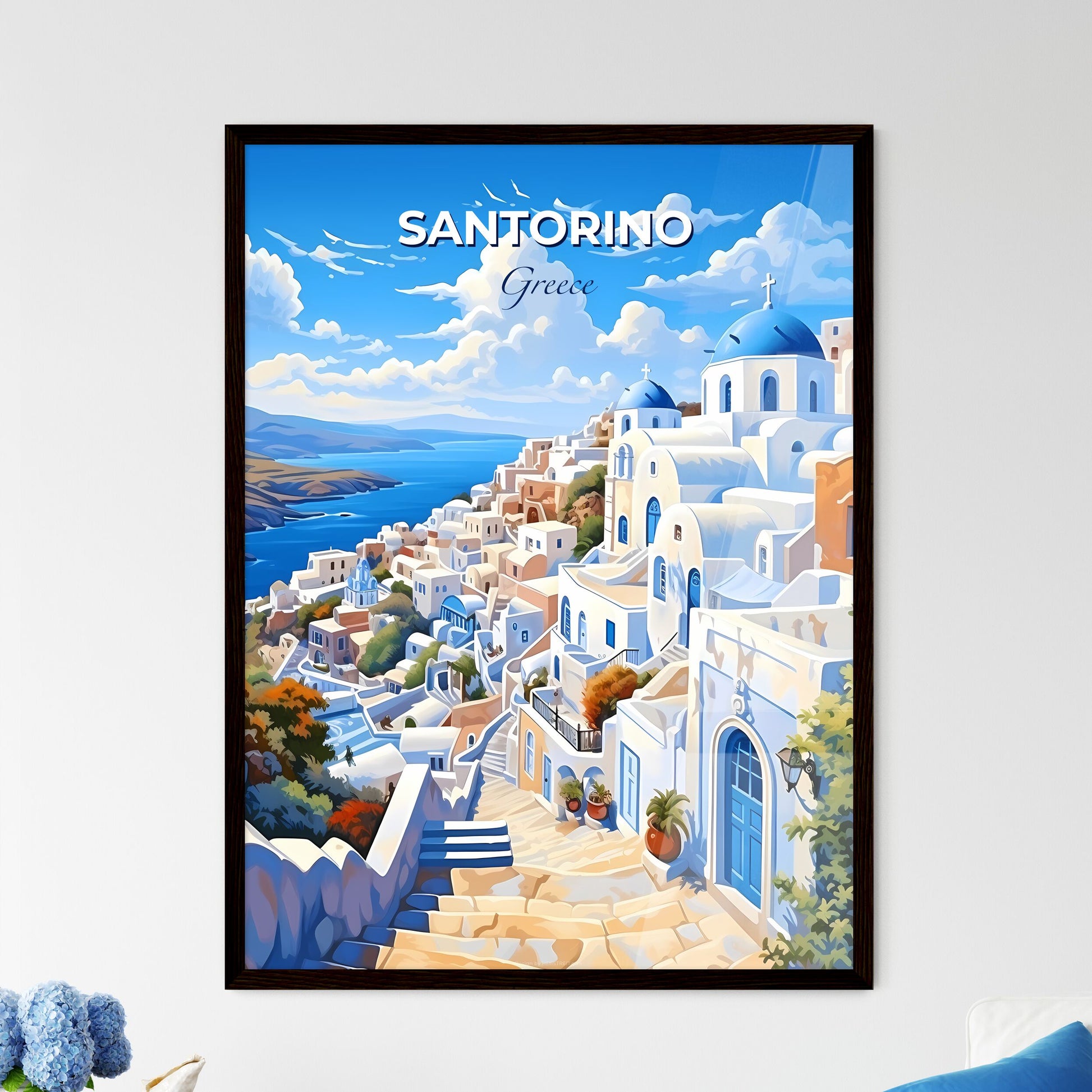 Santorino Greece Skyline - A Painting Of A Town By The Water - Customizable Travel Gift Default Title