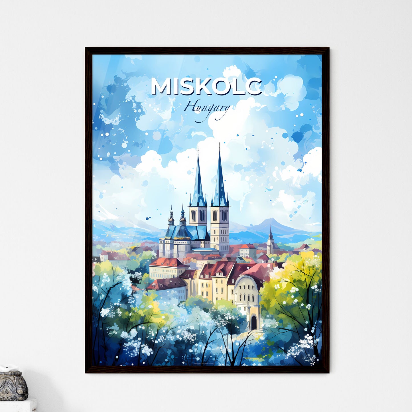 Miskolc Hungary Skyline - A Painting Of A City With A Church And Trees - Customizable Travel Gift Default Title