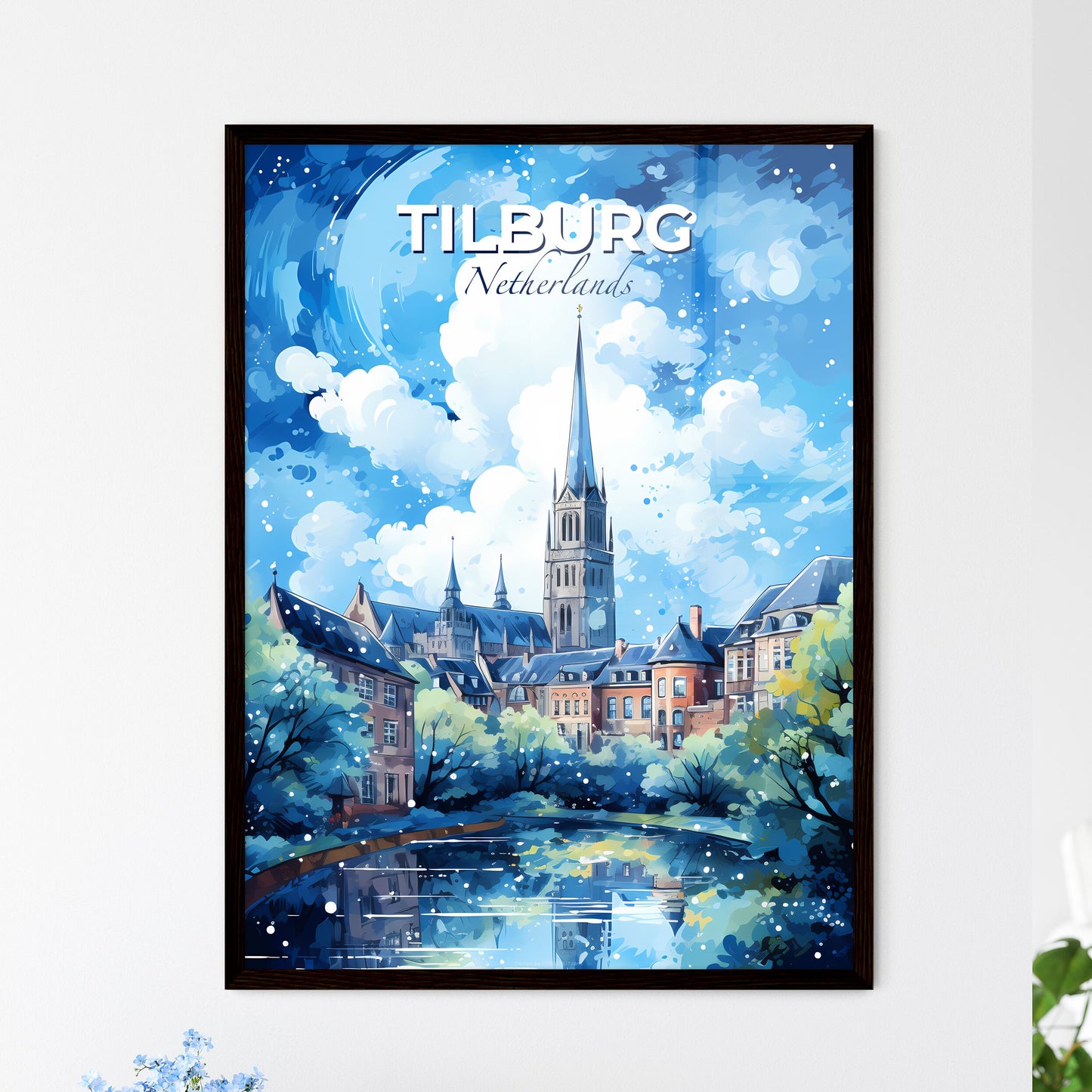 Tilburg Netherlands Skyline - A Painting Of A City With A Church And Trees - Customizable Travel Gift Default Title