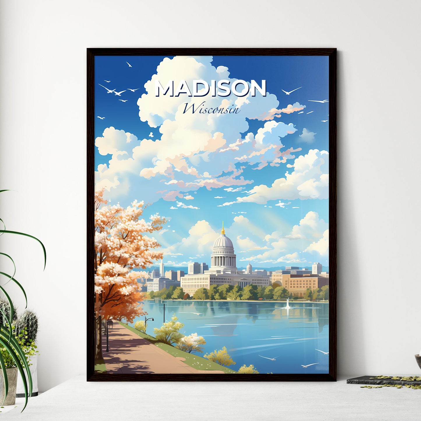 Madison Wisconsin Skyline - A Water Body With A Building And Trees - Customizable Travel Gift Default Title