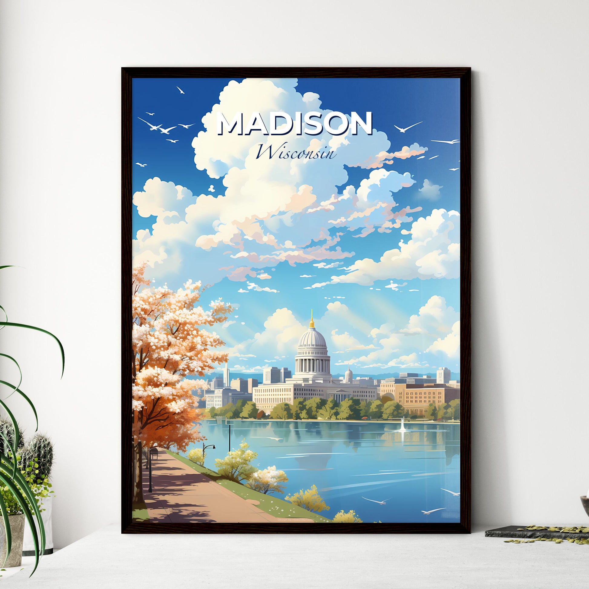 Madison Wisconsin Skyline - A Water Body With A Building And Trees - Customizable Travel Gift Default Title