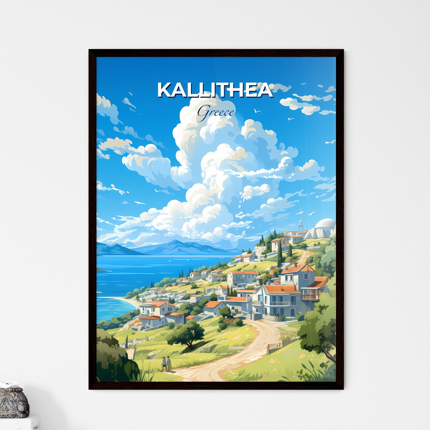 Kallithea Greece Skyline - A Landscape Of A Town On A Hill With Trees And A Body Of Water - Customizable Travel Gift Default Title