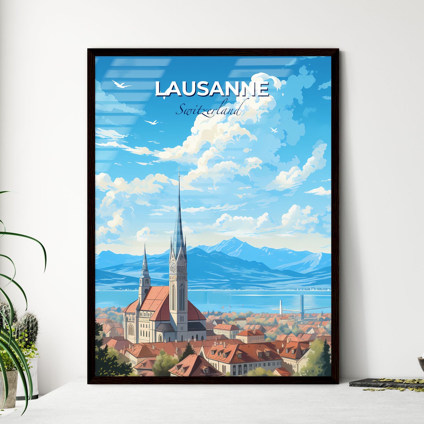 Lausanne Switzerland Skyline - A Building With A Steeple And A City With A Body Of Water And Mountains - Customizable Travel Gift Default Title