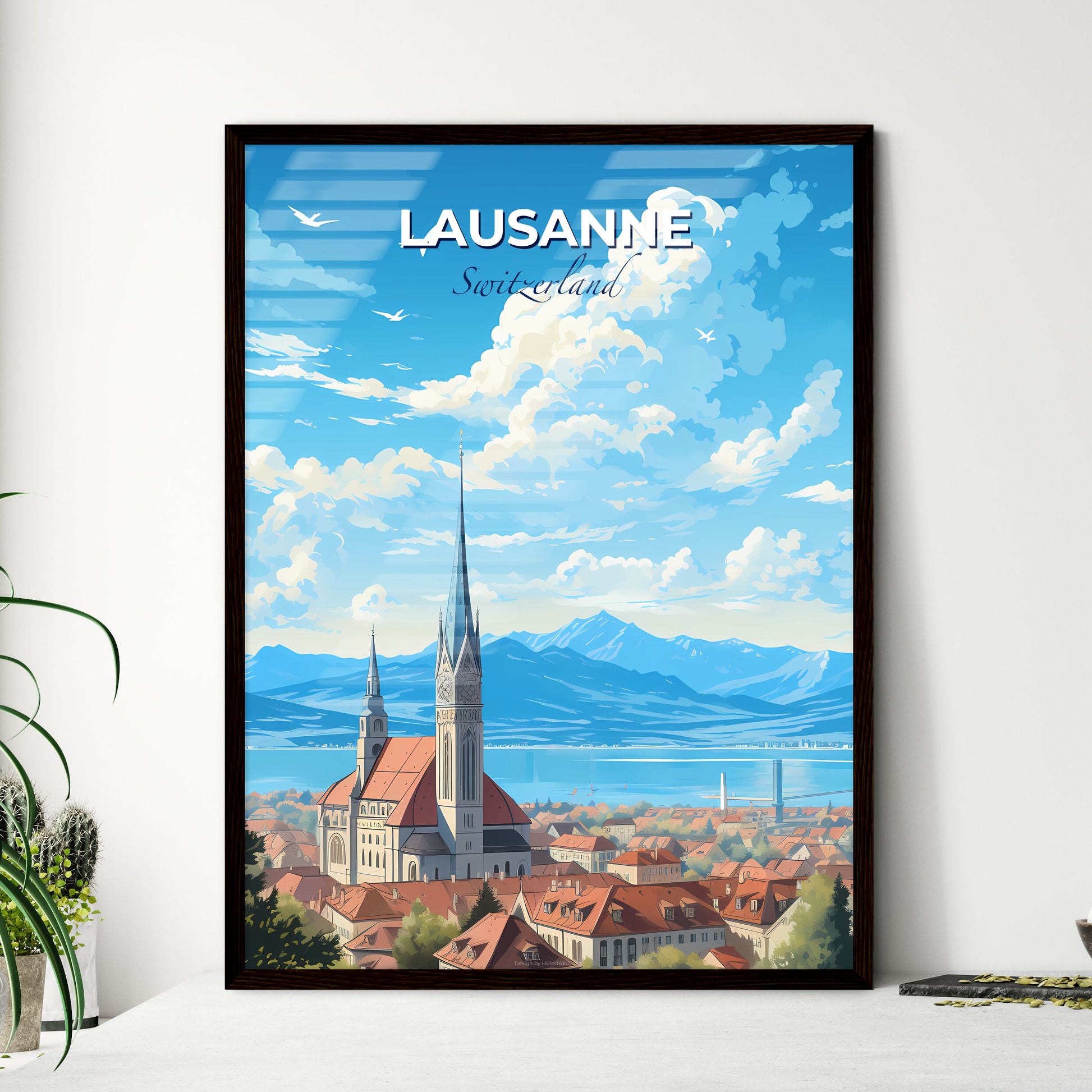 Lausanne Switzerland Skyline - A Building With A Steeple And A City With A Body Of Water And Mountains - Customizable Travel Gift Default Title