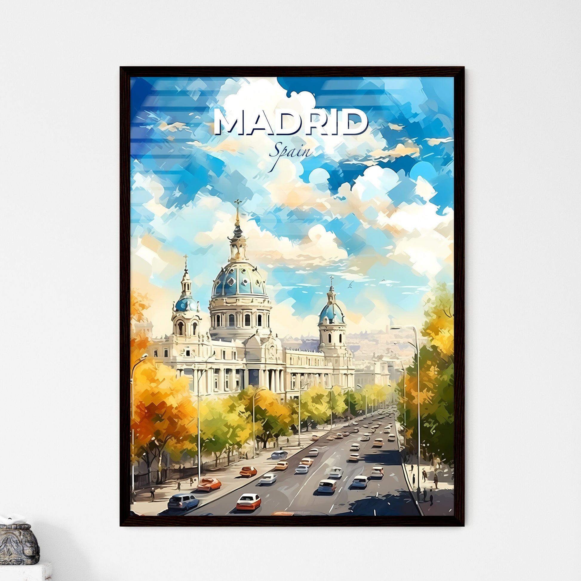 Madrid Spain Skyline - A Large Building With A Dome On Top And A Road With Trees - Customizable Travel Gift Default Title