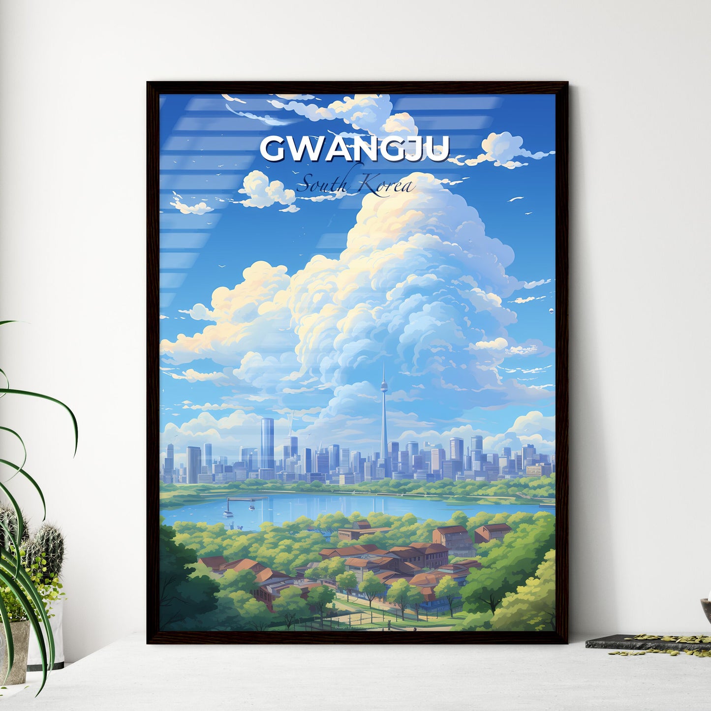 Gwangju South Korea Skyline - A Cityscape With A Lake And Clouds In The Sky - Customizable Travel Gift Default Title