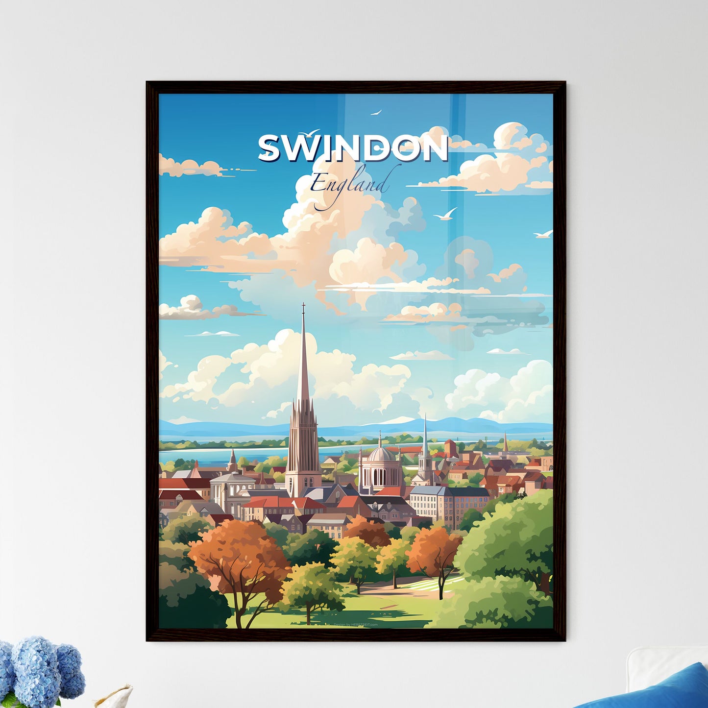 Swindon England Skyline - A City With Trees And A Tower - Customizable Travel Gift Default Title
