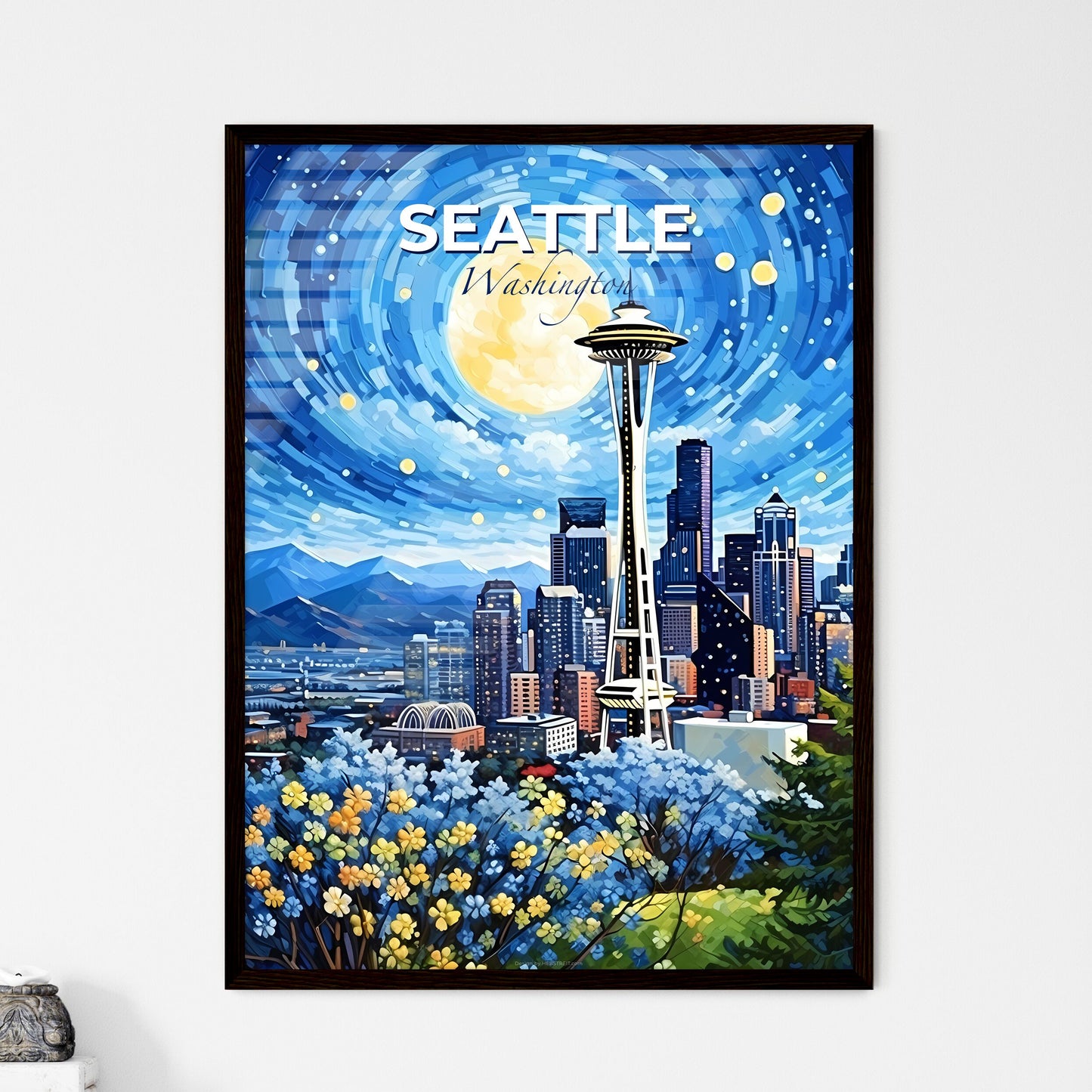 Seattle Washington Skyline - A Painting Of A City With A Tall Tower And A Full Moon - Customizable Travel Gift Default Title