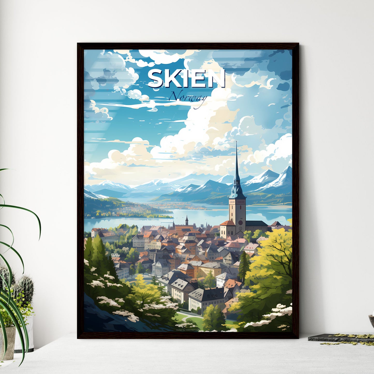 Skien Norway Skyline - A Town With A Tower And A Lake And Mountains - Customizable Travel Gift Default Title