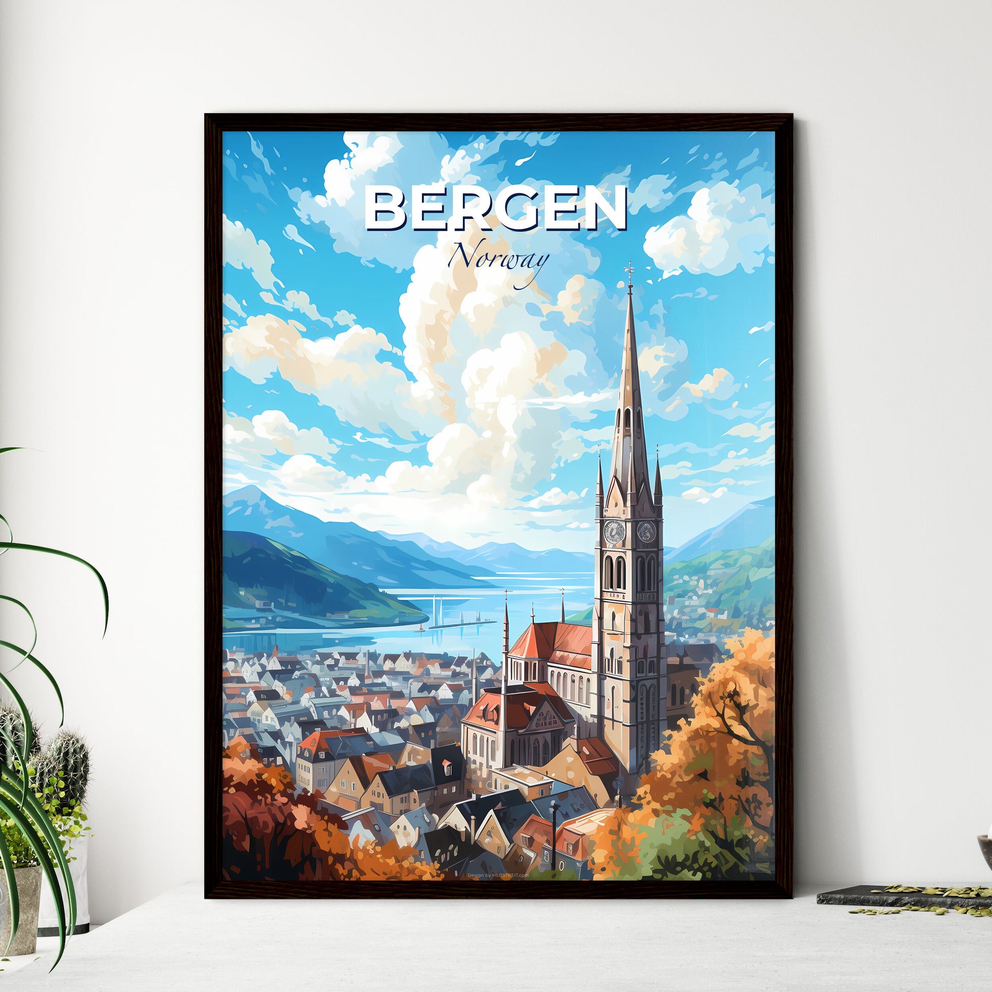 Bergen Norway Skyline - A Church With A Clock Tower And A City And Mountains - Customizable Travel Gift Default Title